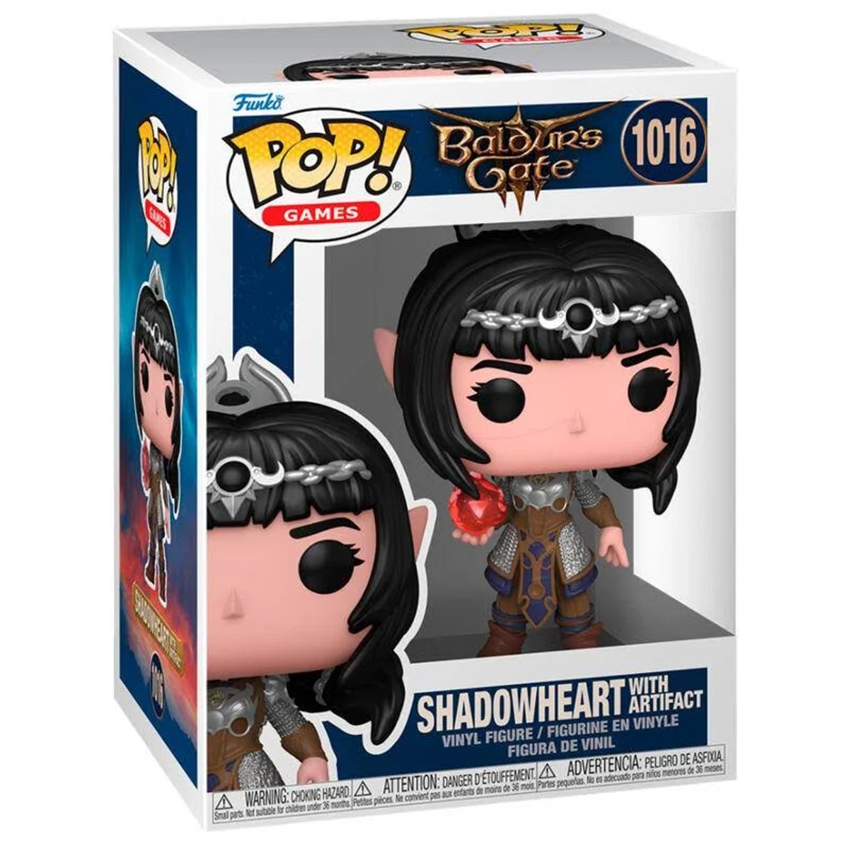 Caja Funko Pop!, figura de Shadowheart de Baldur's Gate, sosteniendo un artefacto rojo.