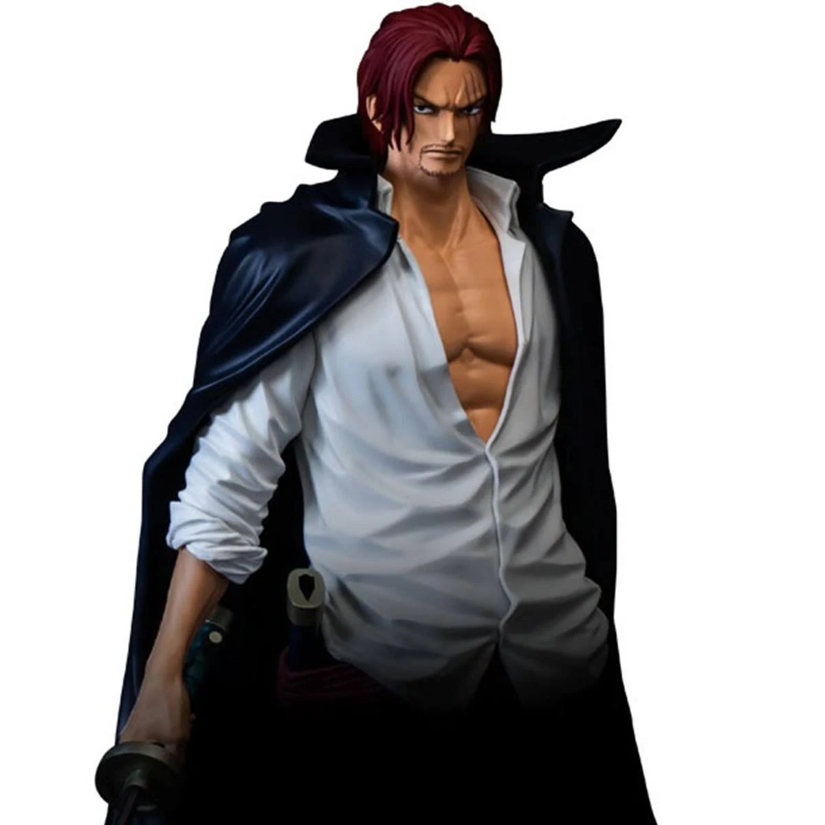 Figura de anime Shanks. Pelo rojo, camisa blanca, abrigo negro, espada.