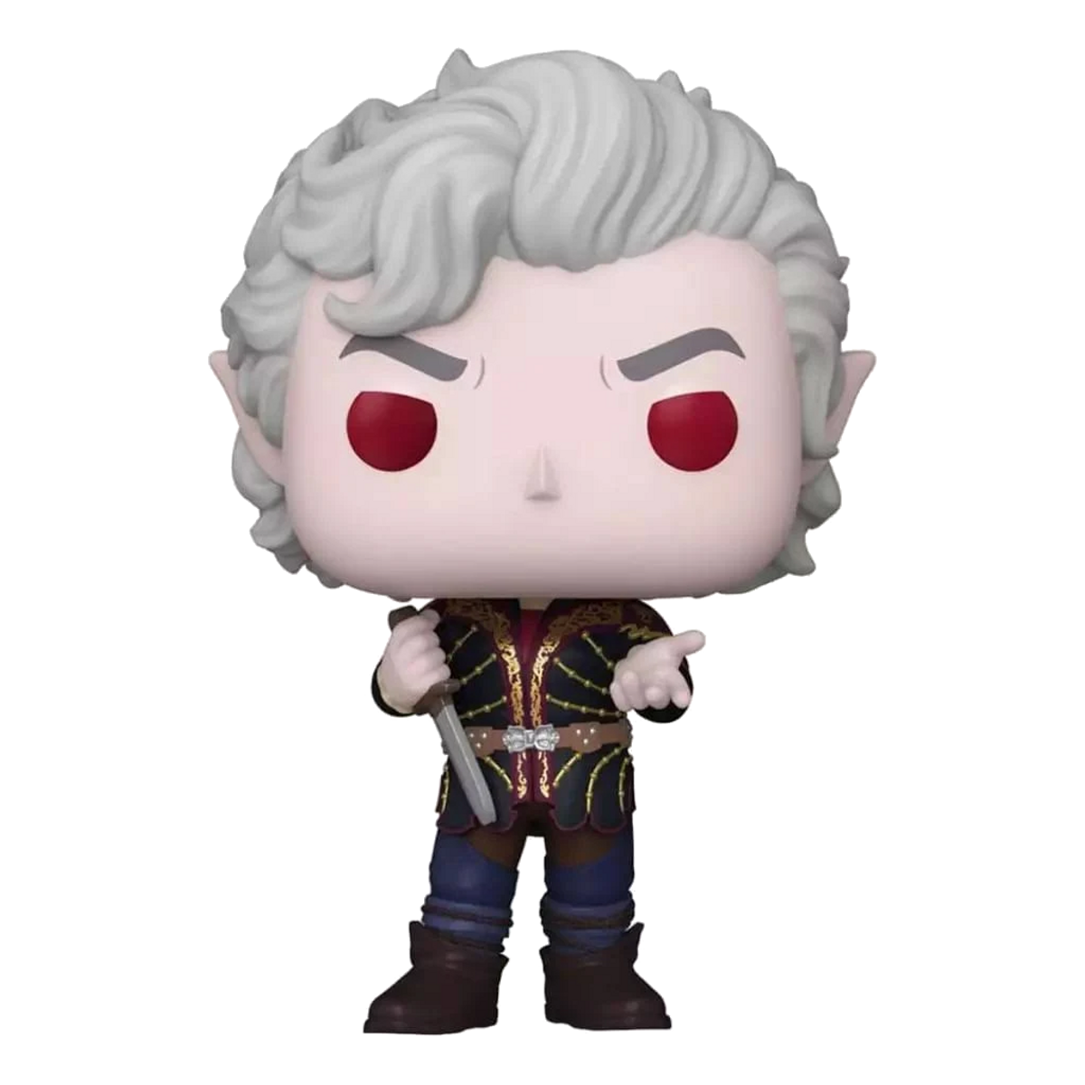Una figura de un hombre con cabello blanco, ojos rojos y un cuchillo.