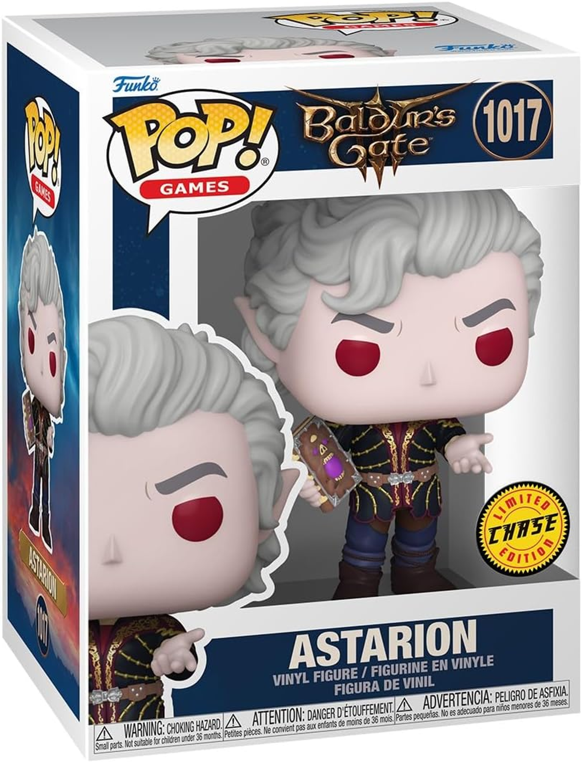 Figura Funko Pop! de Astarion de Baldur's Gate. Caja muestra figura con libro.