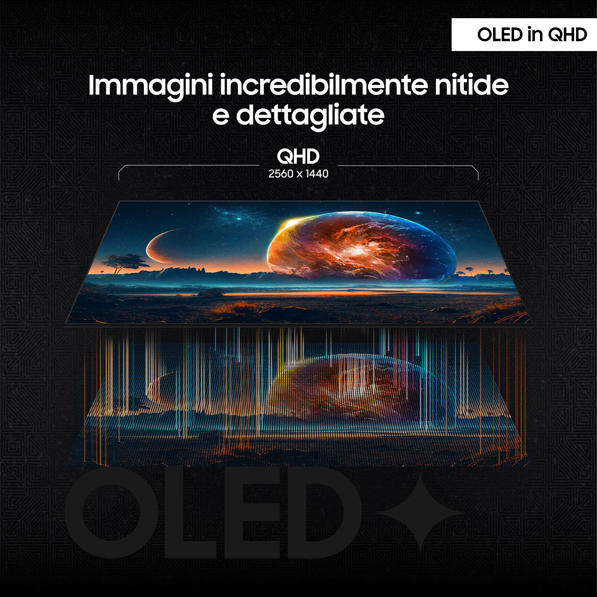 OLED-schermvisual met tekst. Toont een afbeelding van een melkwegstelsel. QHD 2560 x 1440.