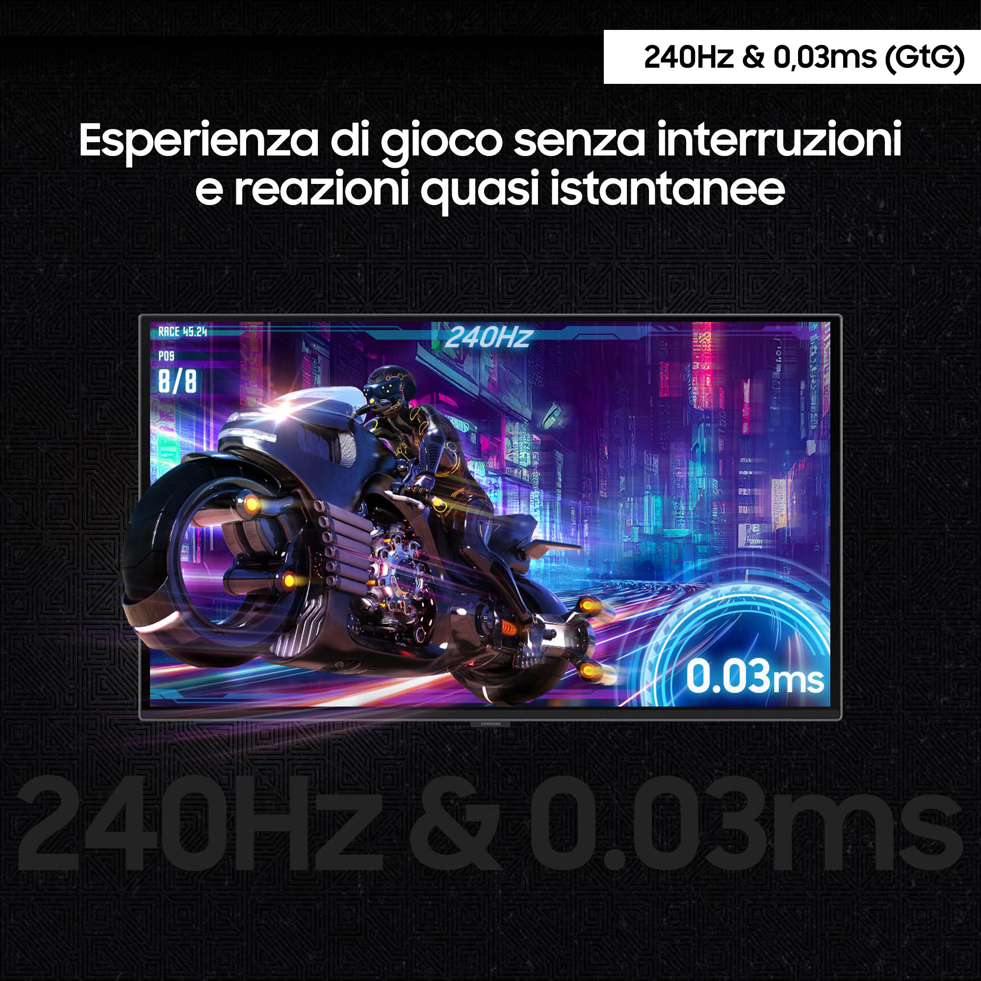 Een scherm met een game-scène met een motor en tekst. De tekst zegt 240Hz & 0,03ms.