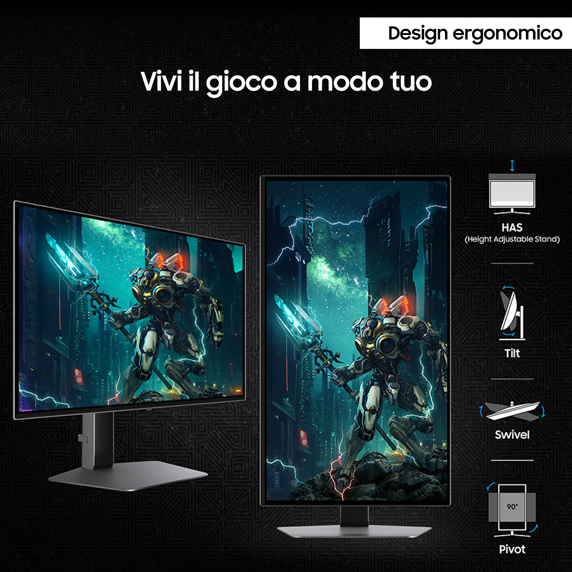 Twee computermonitoren, één verticaal, met een game scène, met tekst over ergonomisch design.