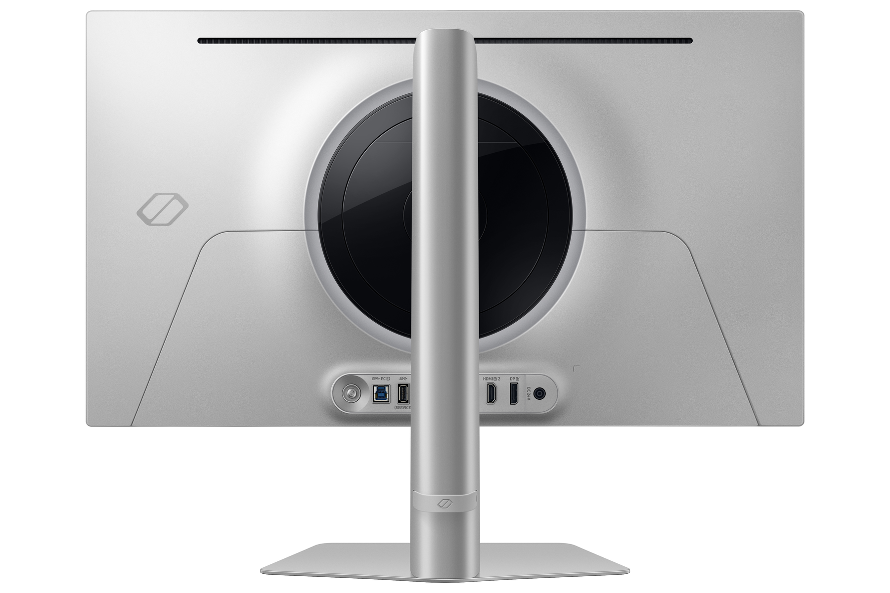 Achterkant van een zilveren computermonitor met poorten en een standaard.