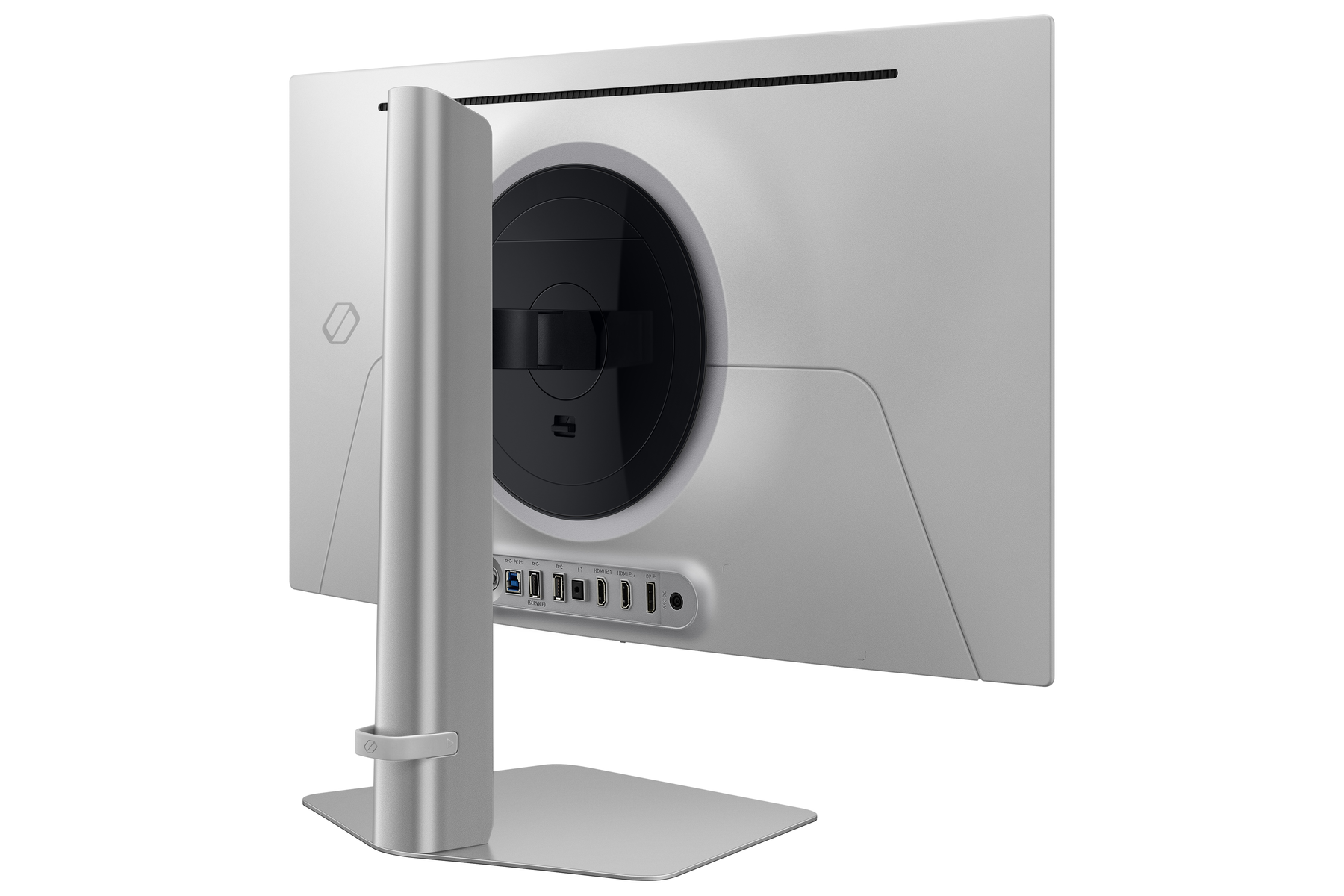 De achterkant van een zilveren computermonitor. Er zijn verschillende poorten en een standaard.