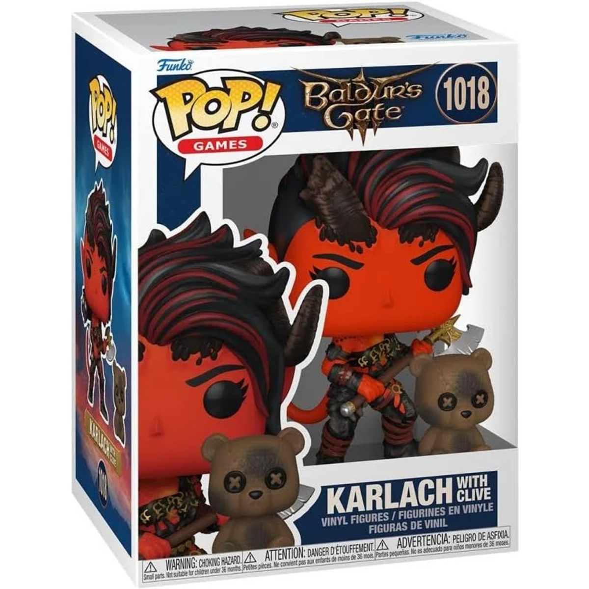 Caja Funko Pop con figura de demonio rojo y ositos. La figura sostiene un arma.