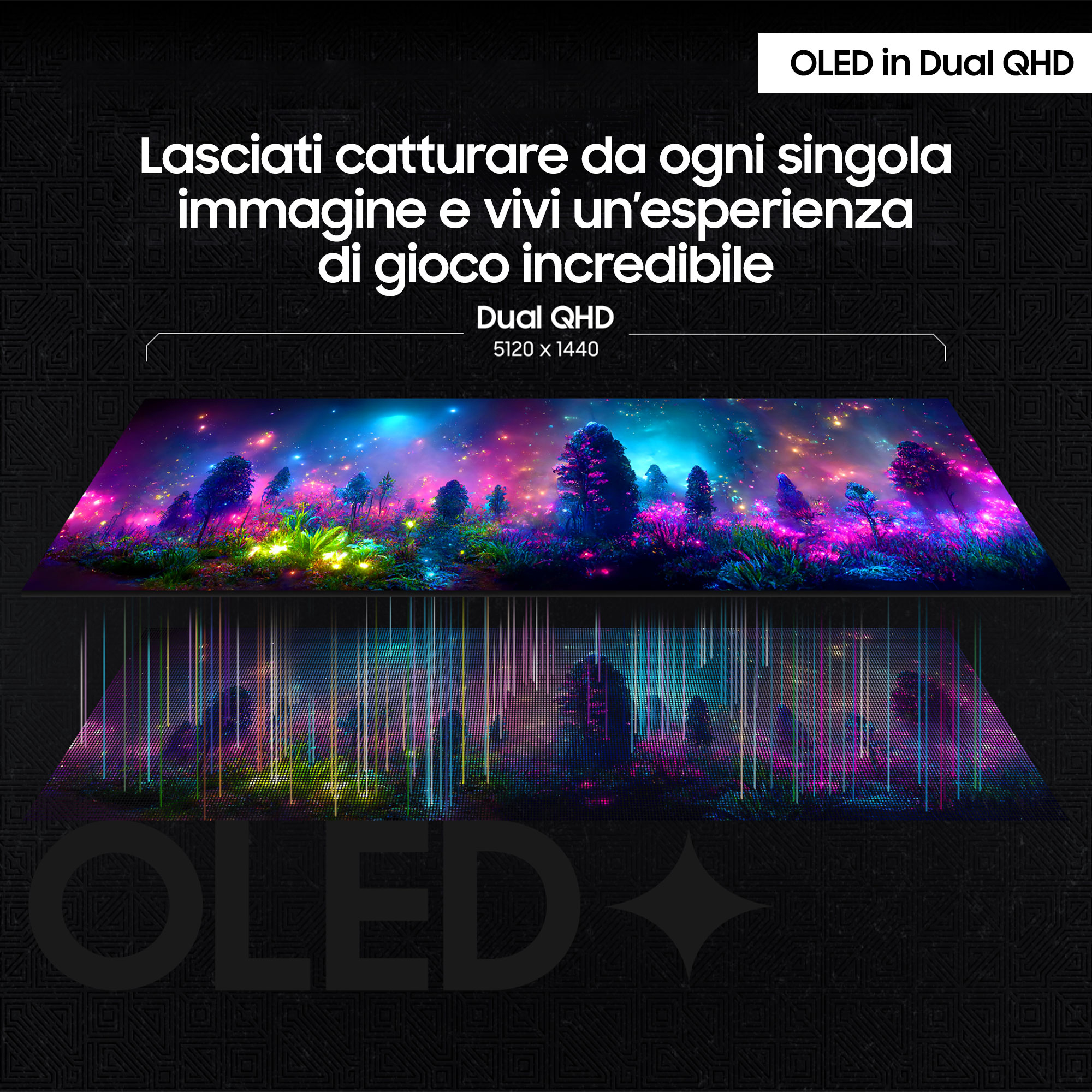 Una imagen colorida y vibrante de un paisaje con árboles y un cielo estrellado. Texto en italiano.