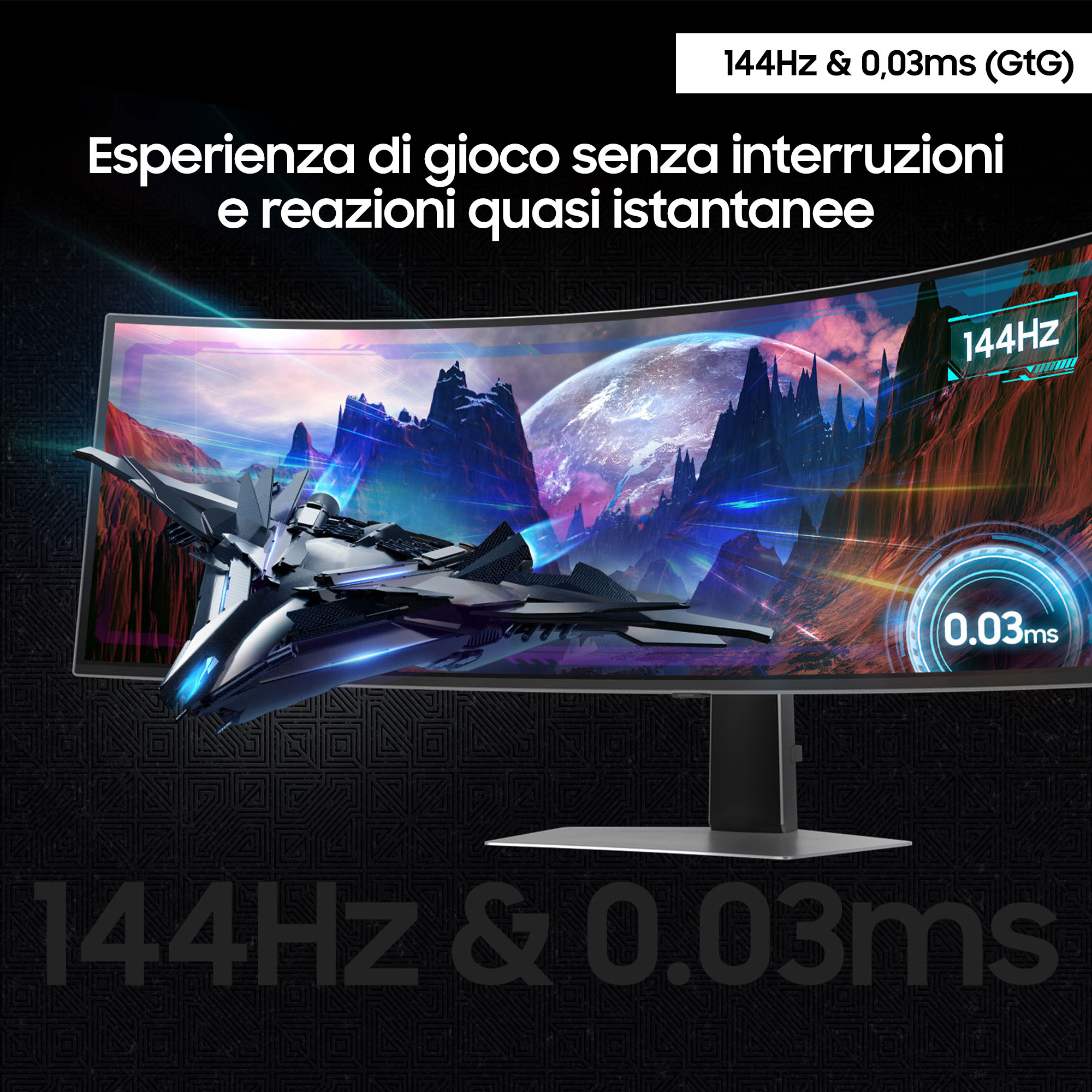 Monitor curvo mostrando una escena de nave espacial, texto 144Hz & 0.03ms, con texto italiano.