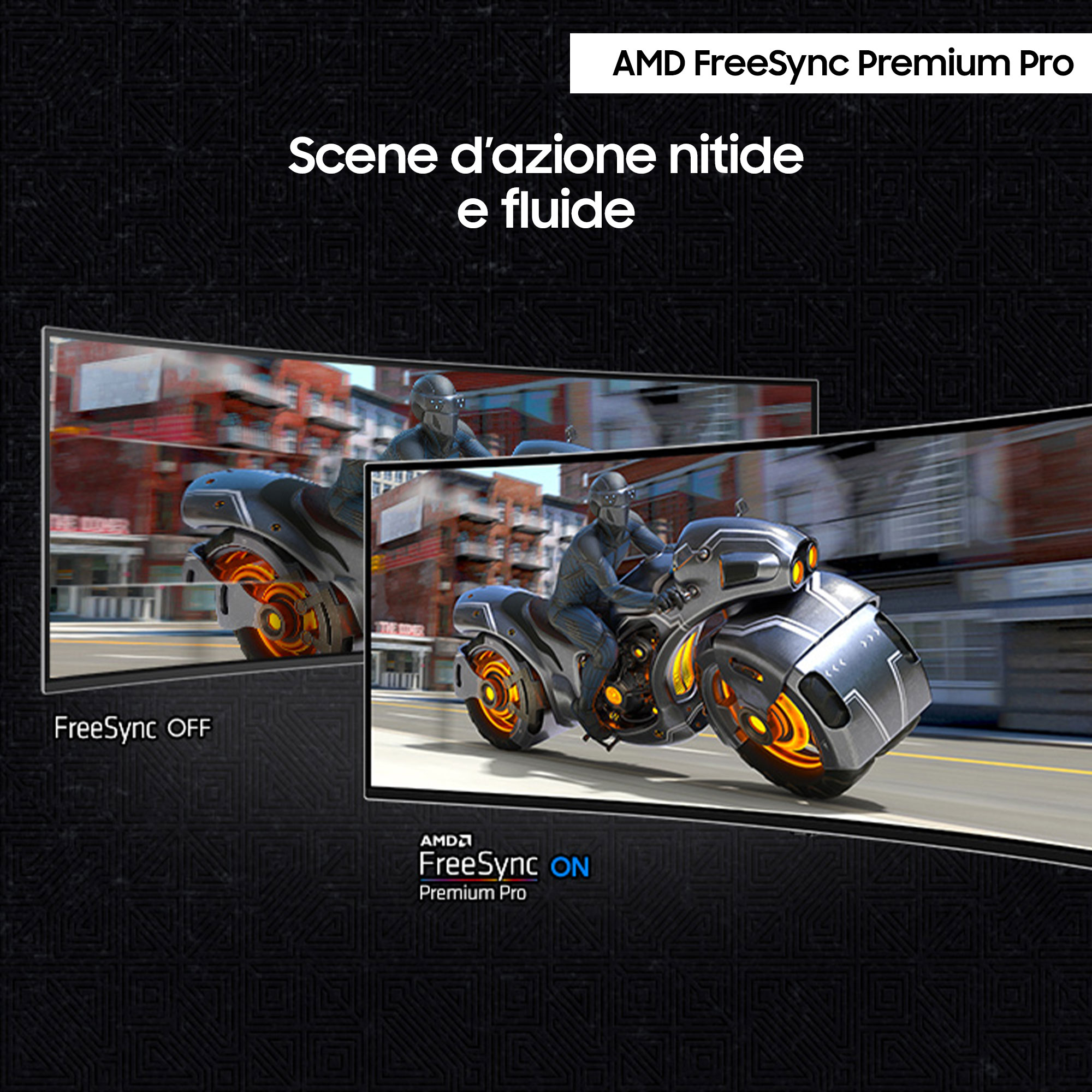 Dos pantallas de ordenador que muestran una motocicleta. Una con FreeSync desactivado, la otra con él activado.