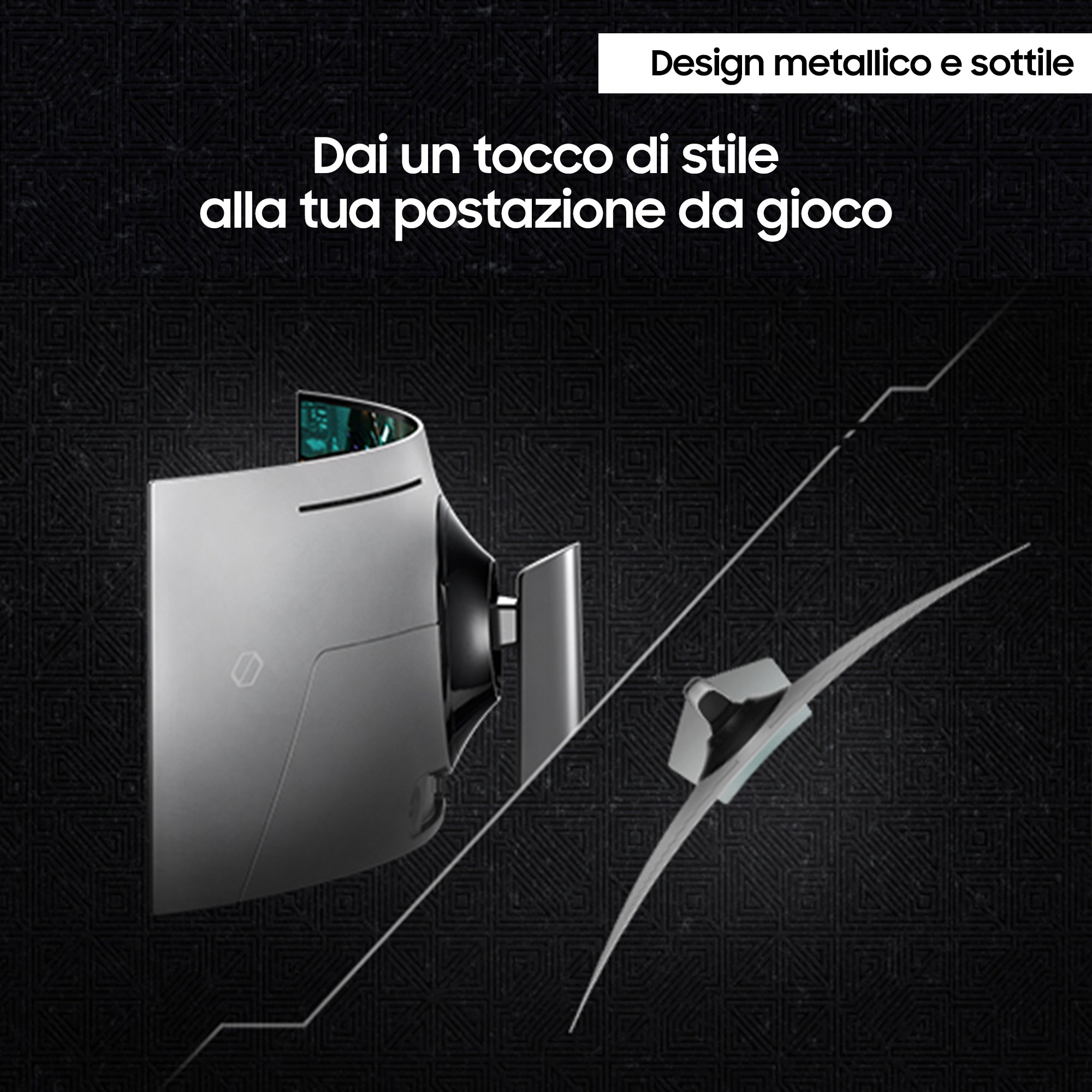 Monitor gaming con elementos de diseño, texto metálico y delgado en la parte superior.