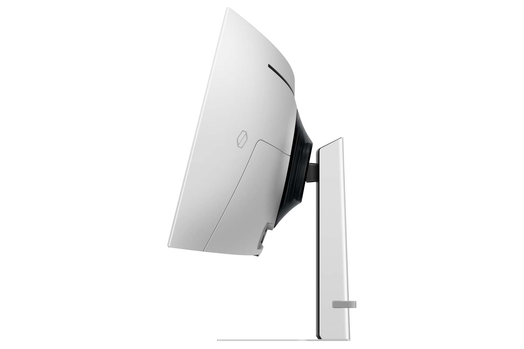Biały zakrzywiony monitor z boku, na białym tle.