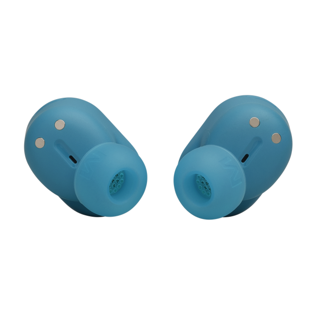 Due auricolari blu, primo piano su sfondo nero. Gli auricolari sono rivolti verso l'alto.