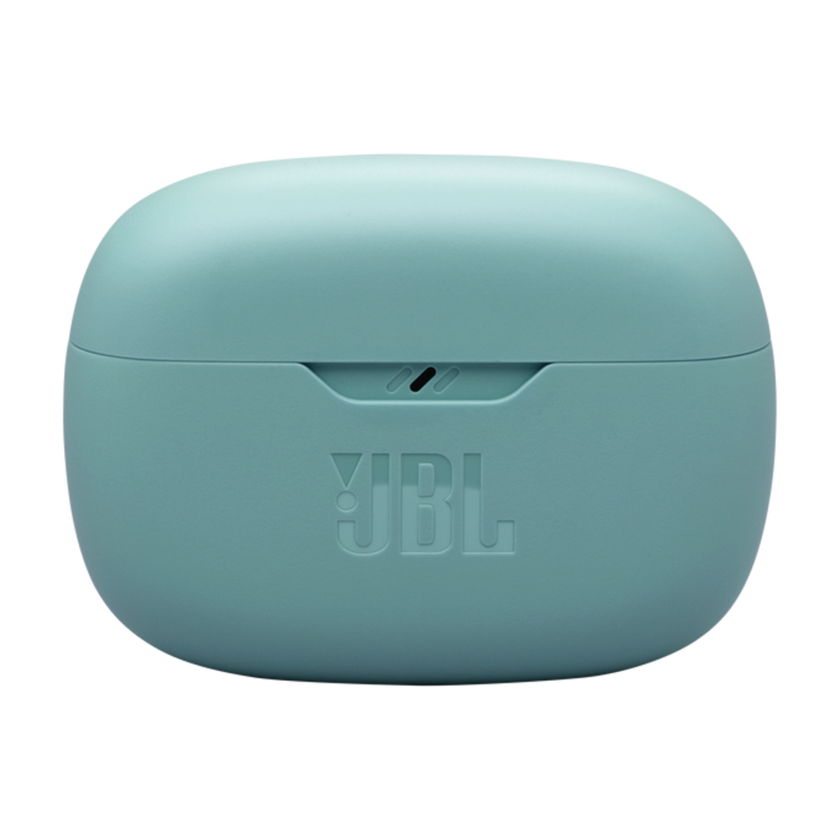 Un étui de chargement de couleur teal pour les écouteurs JBL, avec le logo JBL en relief.