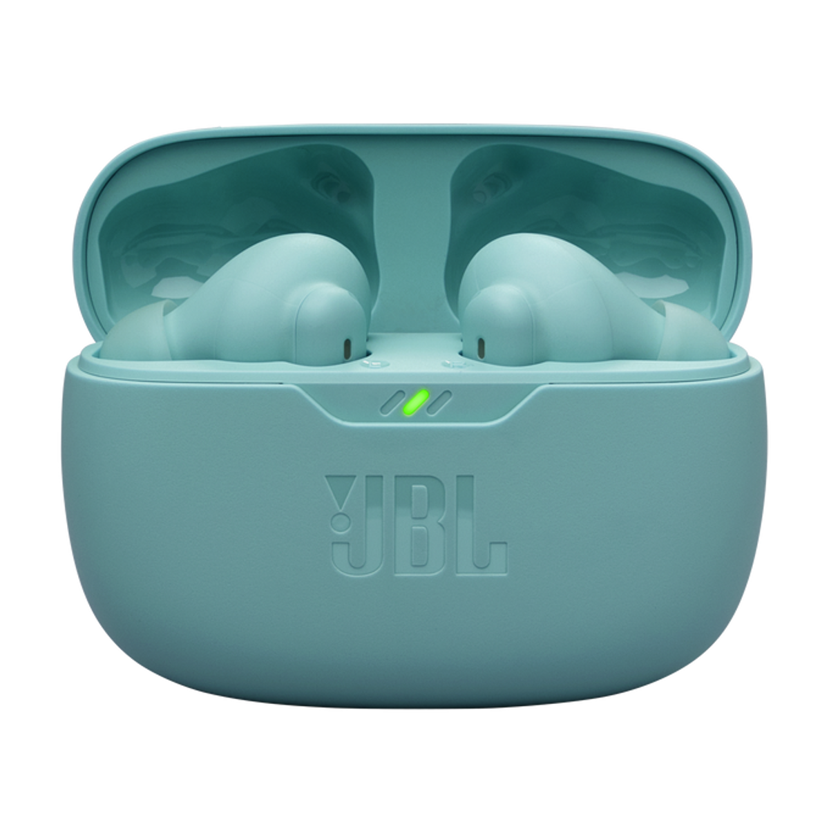 Écouteurs JBL bleus dans leur étui de chargement. L'étui est ouvert.