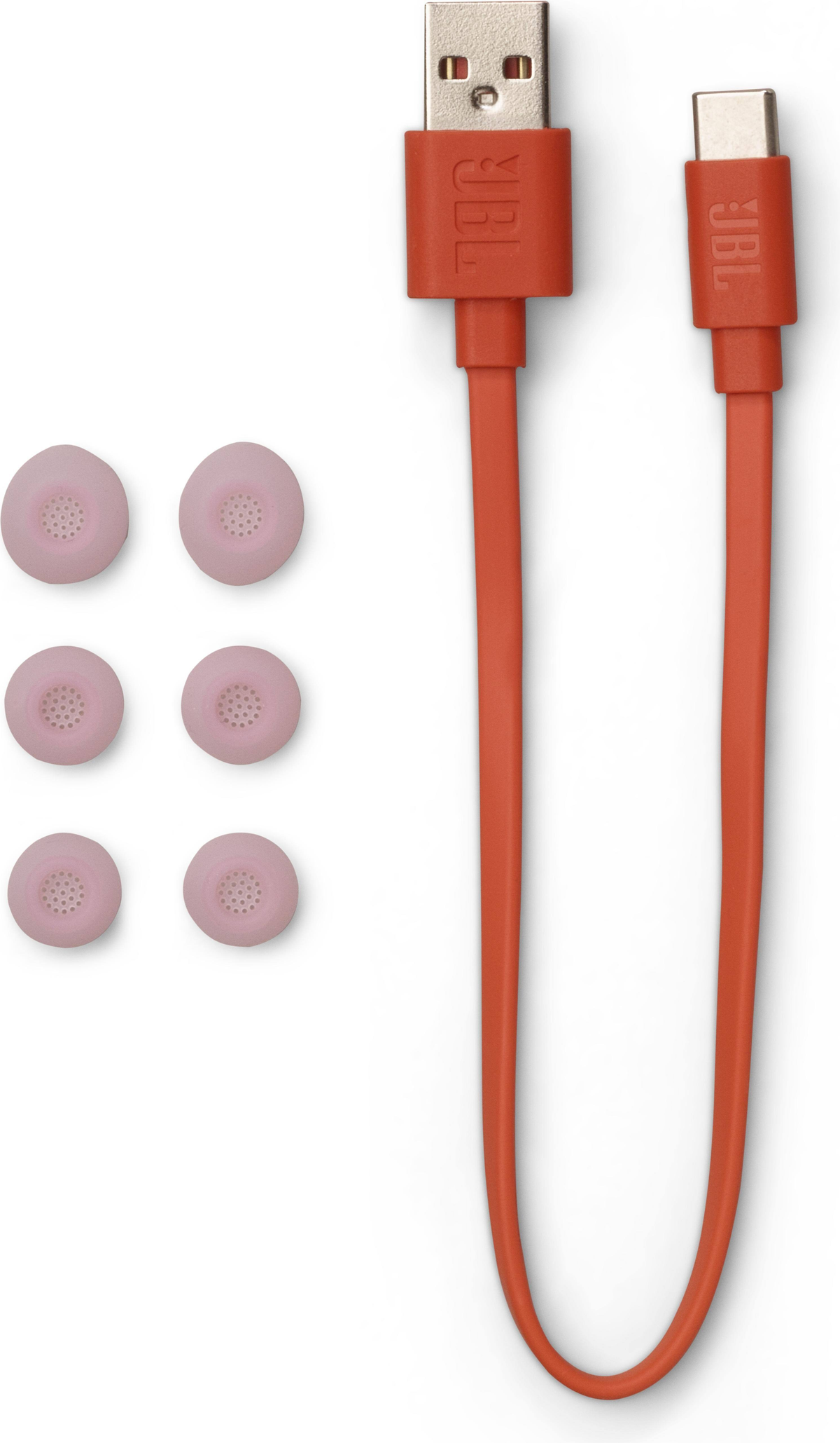 Słuchawki, pomarańczowy kabel USB-C i dodatkowe różowe wkładki douszne na białym tle. Widoczne logo JBL.