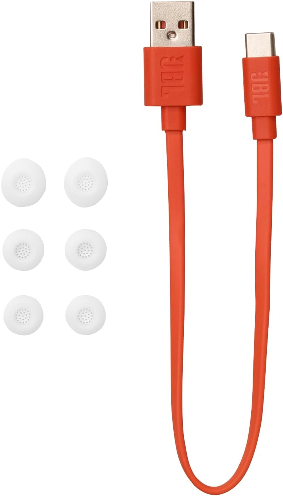 Pomarańczowy kabel USB do Type-C z białymi wkładkami dousznymi. Logo JBL na kablu. Sześć wkładek.