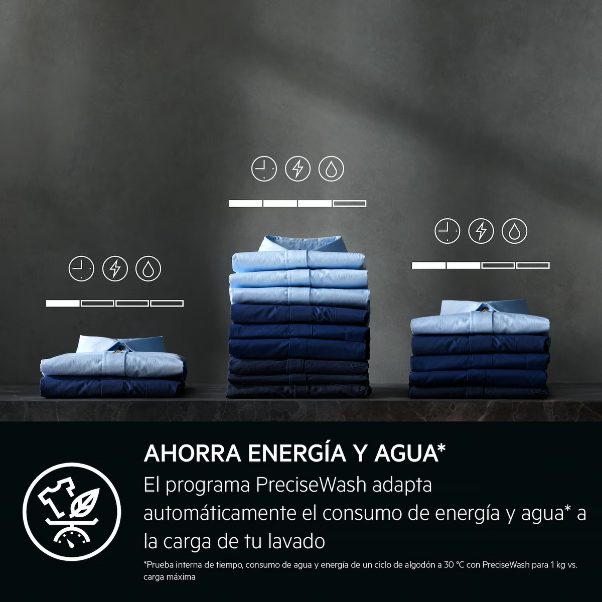 Pila di camicie blu e blu scuro su una superficie. Testo sul risparmio energetico presente.
