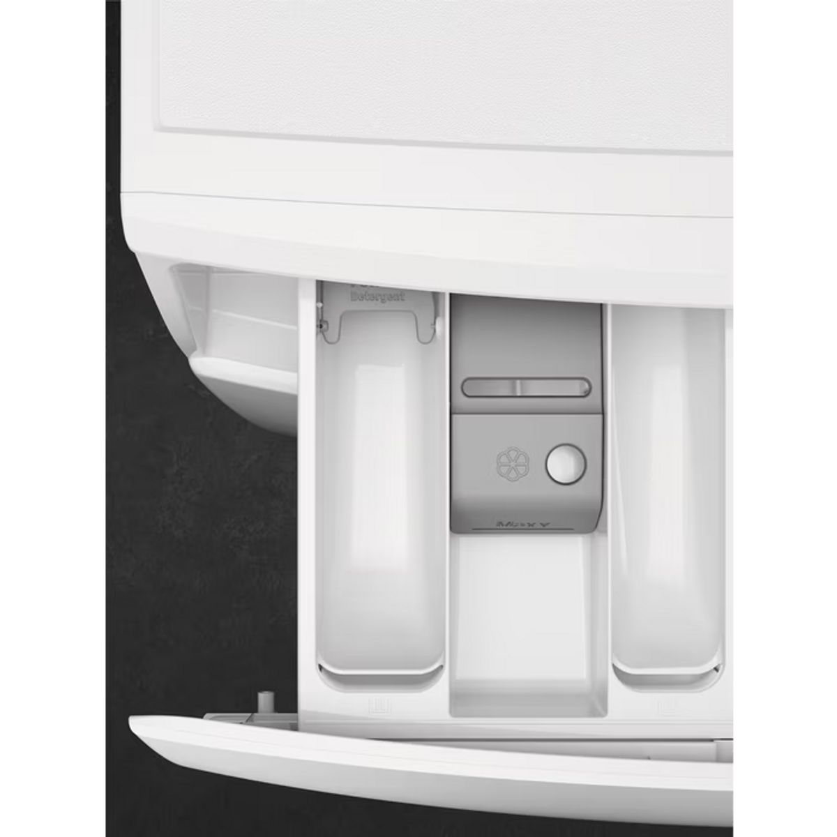 Cassetto del detersivo della lavatrice, bianco, aperto, con scomparti.