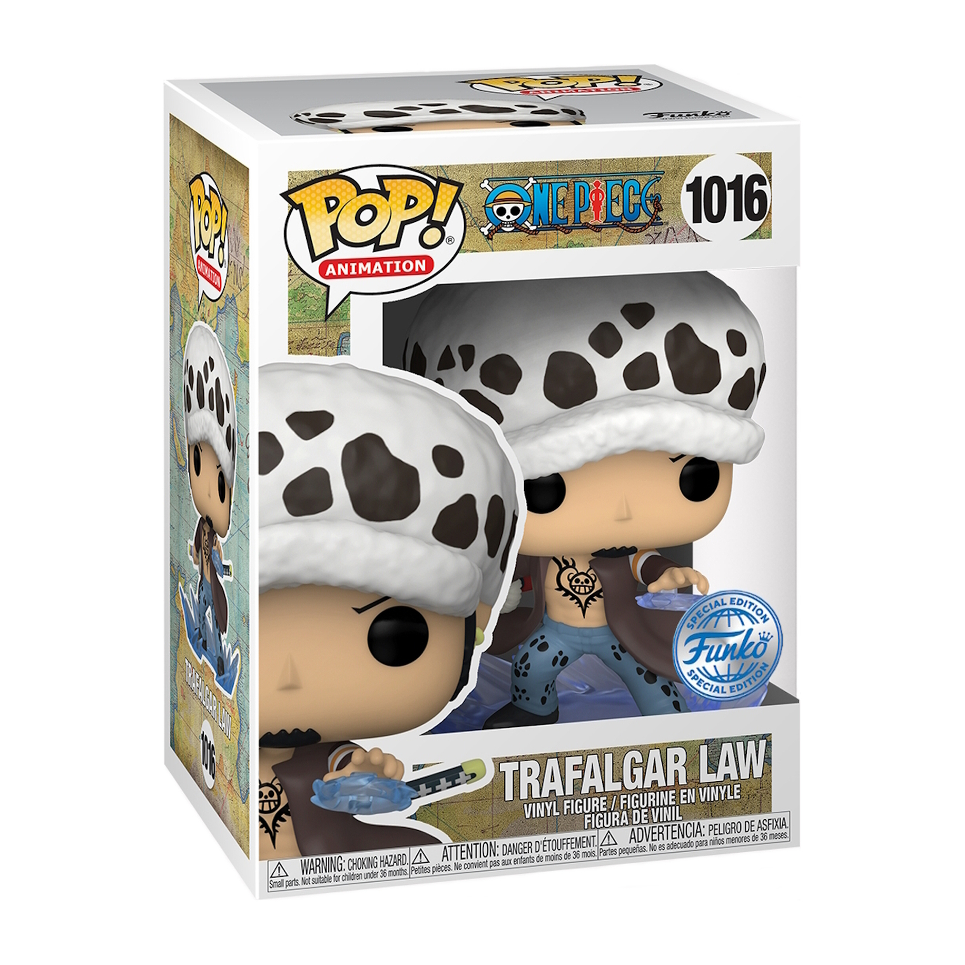 Trafalgar Law Funko Pop Figur in einer Box, Anime-Charakter mit Hut.