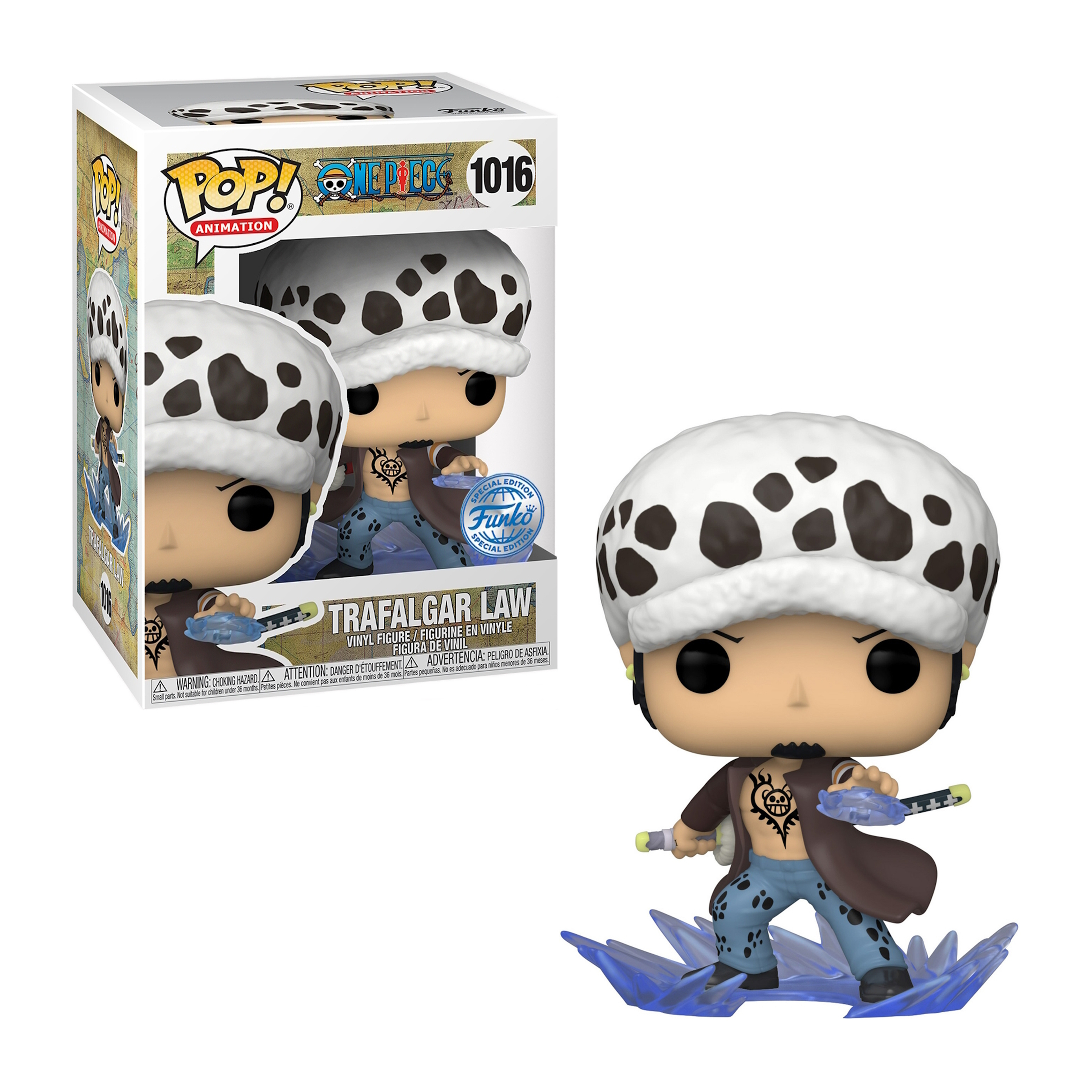 Trafalgar Law Funko Pop Figur mit Box. Weißer Hut mit schwarzen Punkten, hält ein Schwert, steht auf Eis.