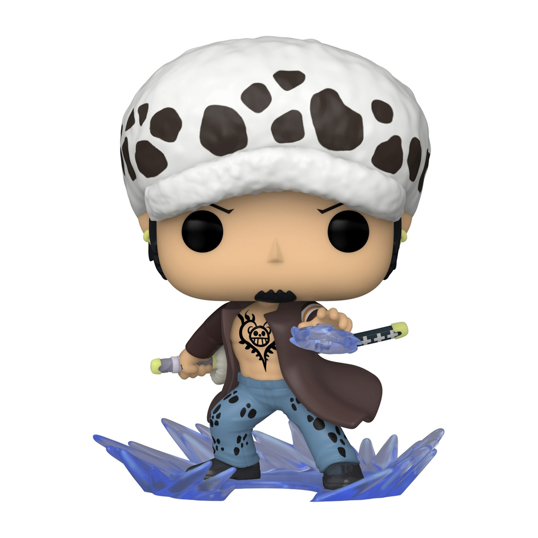 Eine Funko Pop Figur von Trafalgar Law, einer Figur aus One Piece, der auf Eis steht.