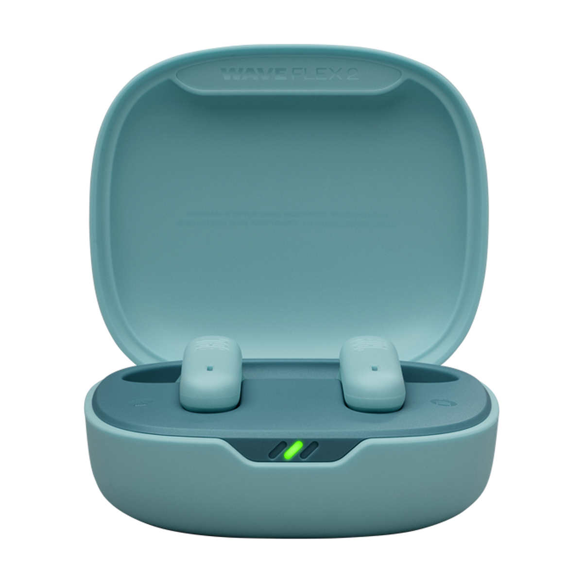 Een hoesje met twee oordopjes. Het hoesje is blauwgroen met twee blauwgroene oordopjes erin. Het hoesje is open met een groen lampje.