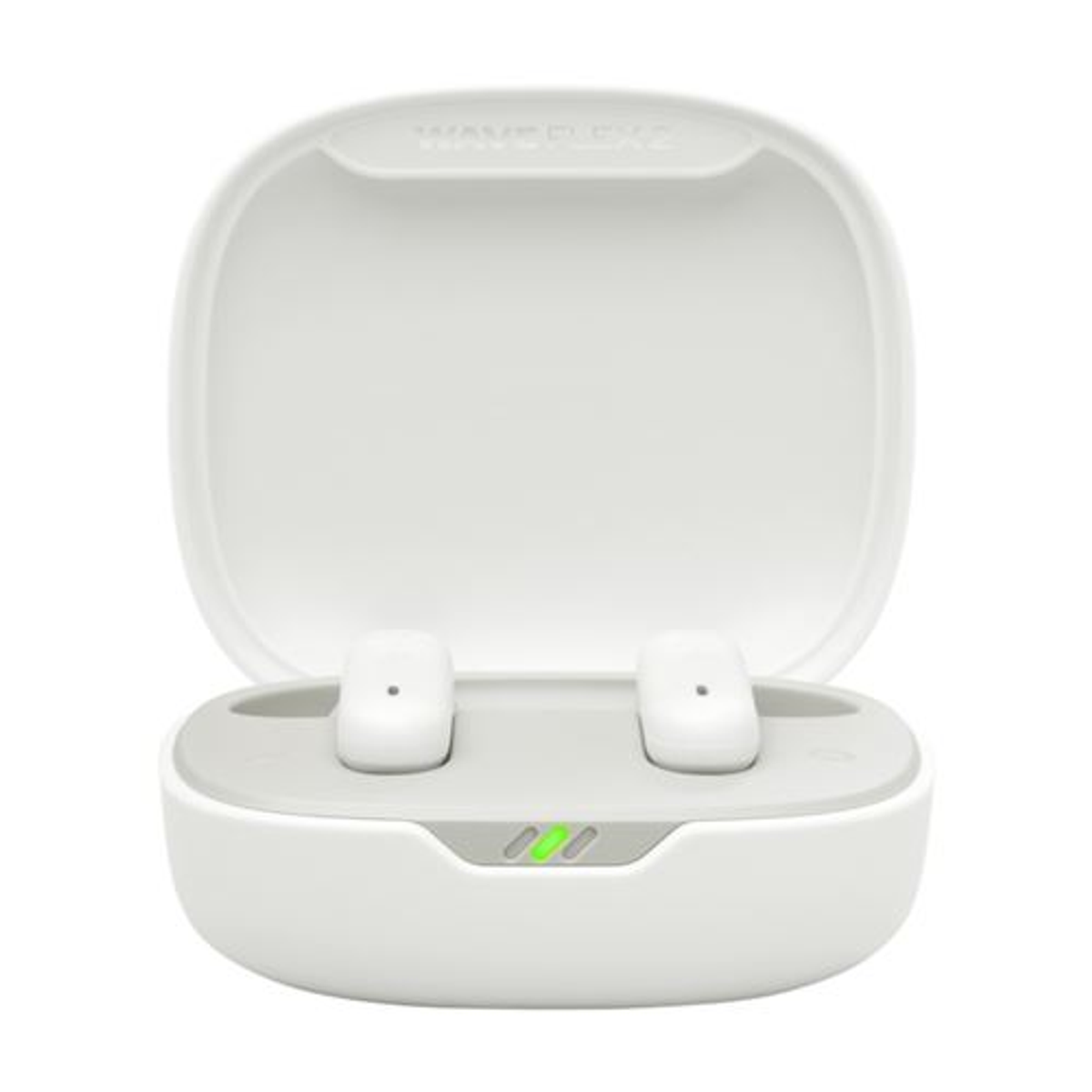 Estuche de auriculares blanco abierto, con dos auriculares. Luces verdes encendidas.