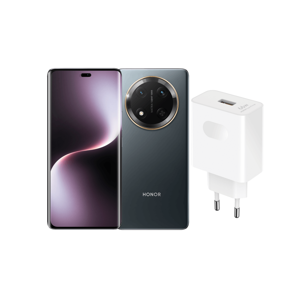 Smartfon z modułem aparatu z tyłu i ładowarką obok.