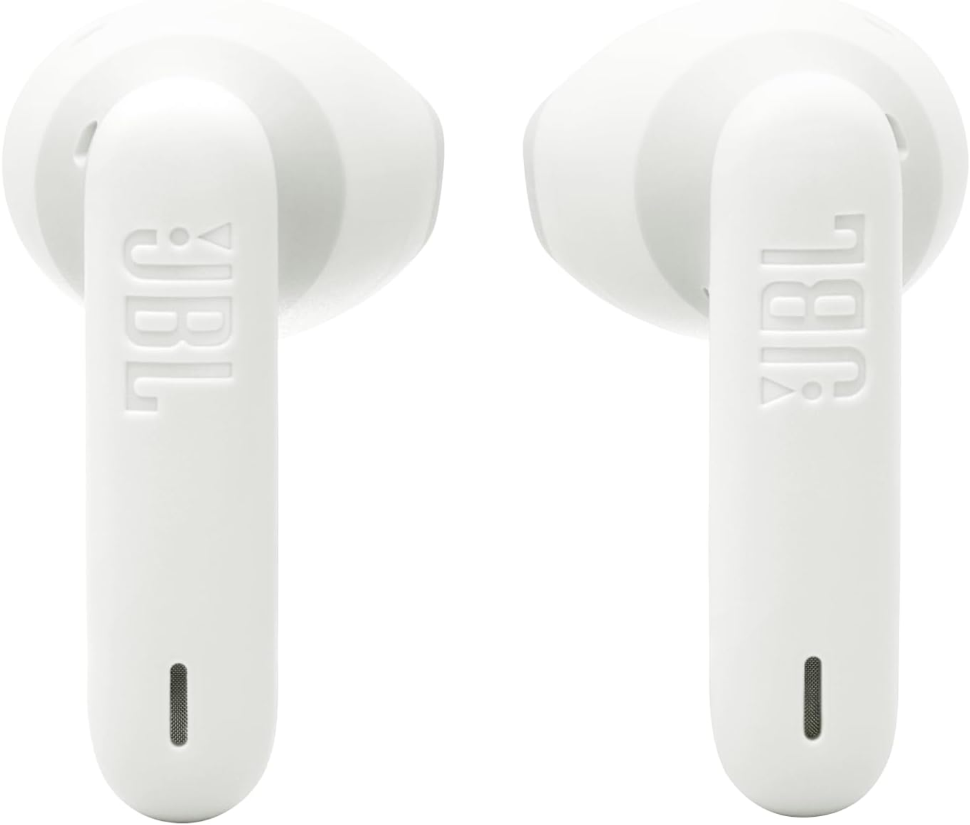 Dos auriculares JBL blancos. Cada uno tiene un logotipo JBL y una ranura de micrófono negra.