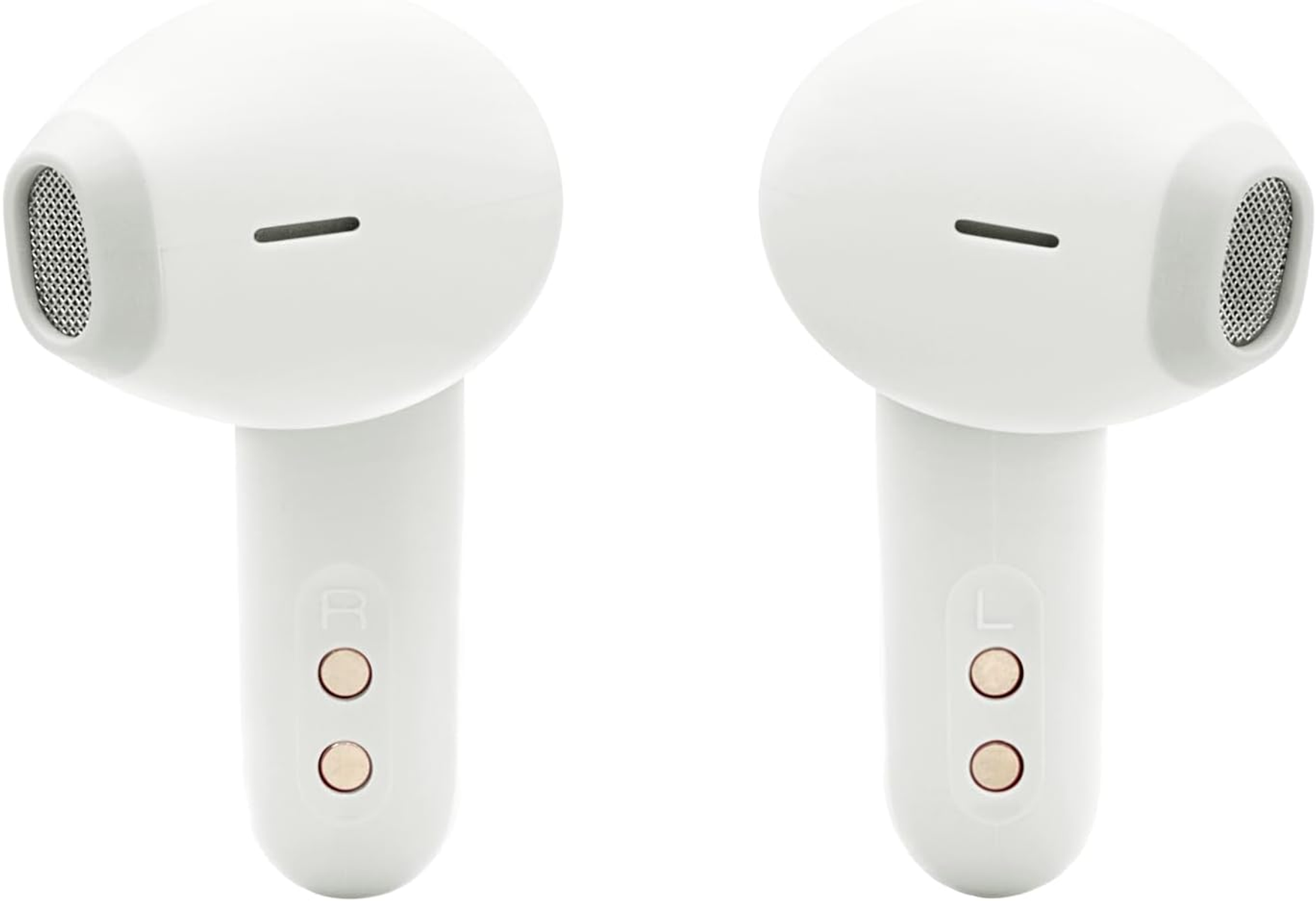 Dos auriculares blancos, primer plano. El izquierdo tiene una 'L', el derecho una 'R', y cada uno un botón.