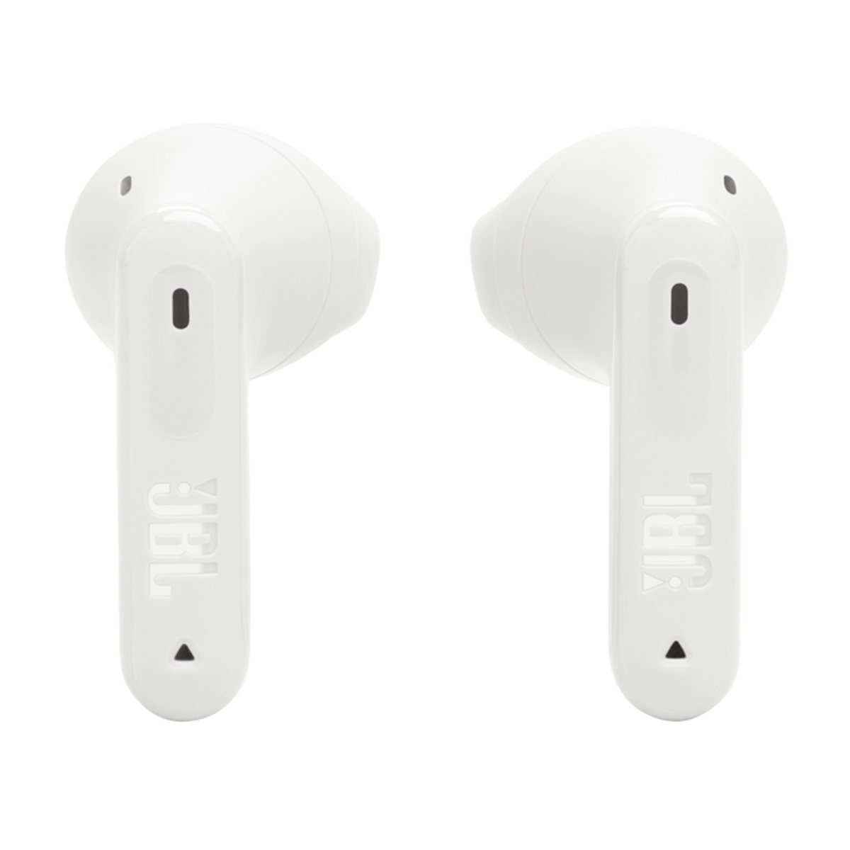 Due auricolari JBL bianchi, leggermente angolati, che mostrano il logo del marchio sugli steli.