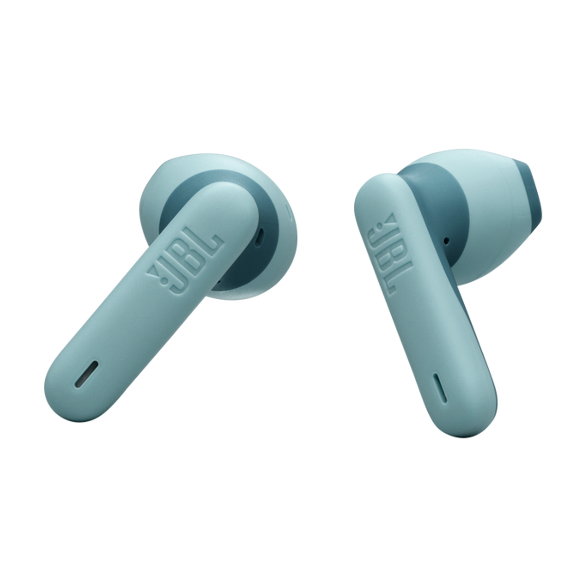 Twee blauwe JBL oordopjes op een zwarte achtergrond.