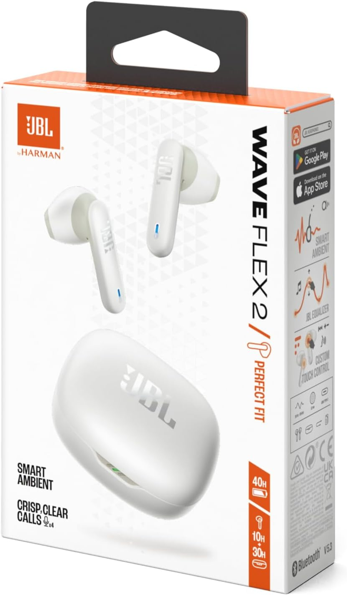 Auriculares blancos JBL Wave Flex 2 en una caja. La caja es blanca y naranja. Se muestran los auriculares y el estuche.