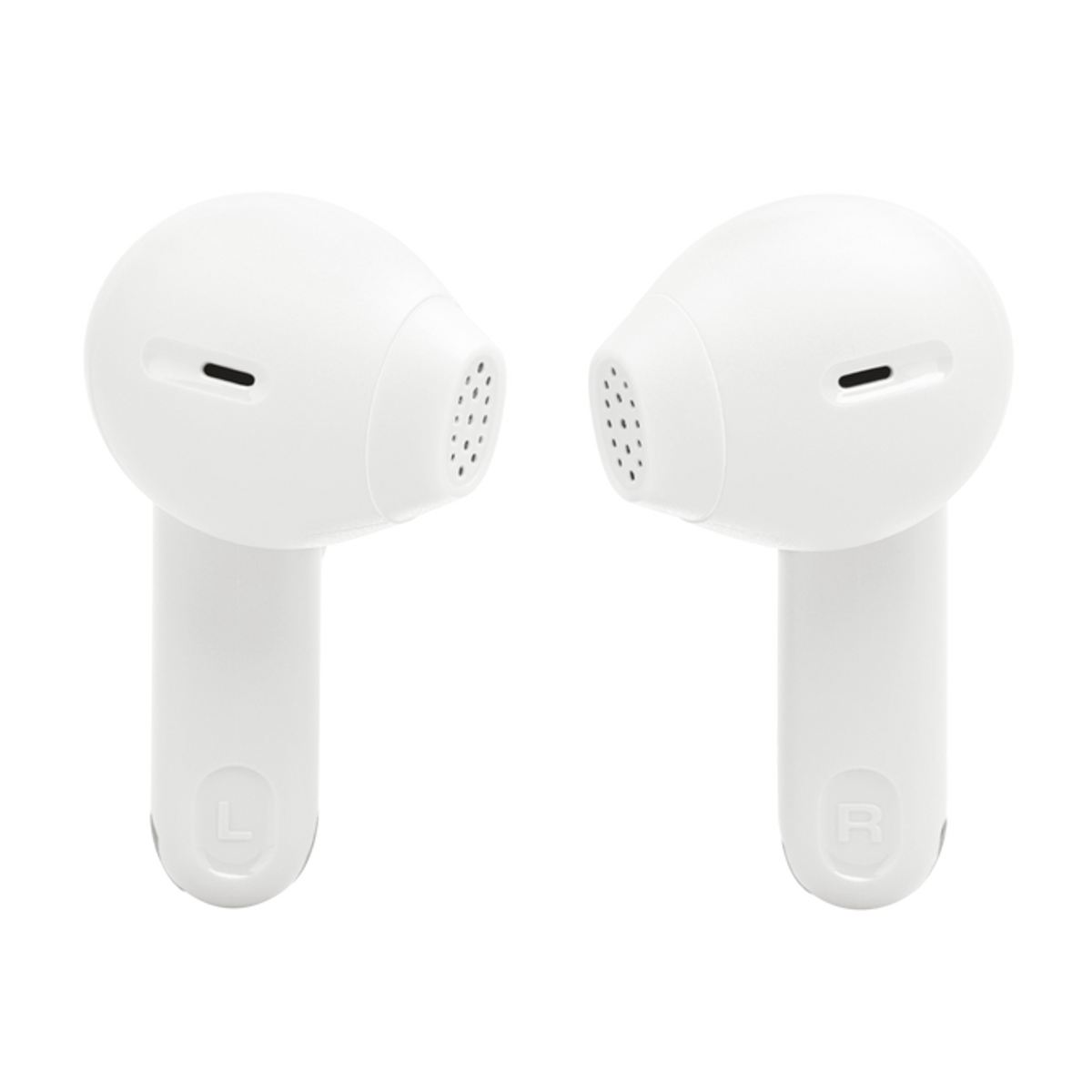 Due auricolari wireless bianchi, ciascuno con una piccola griglia e un segno laterale.