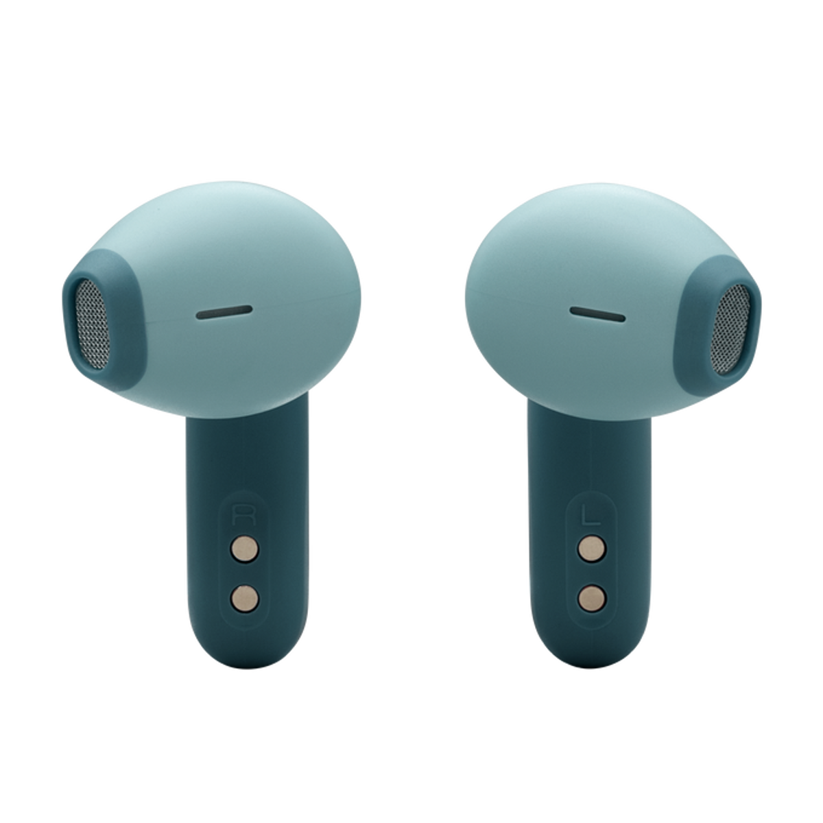 Twee teal JBL oordopjes met donkerblauwe accenten, van bovenaf gezien, tonen de speakers.