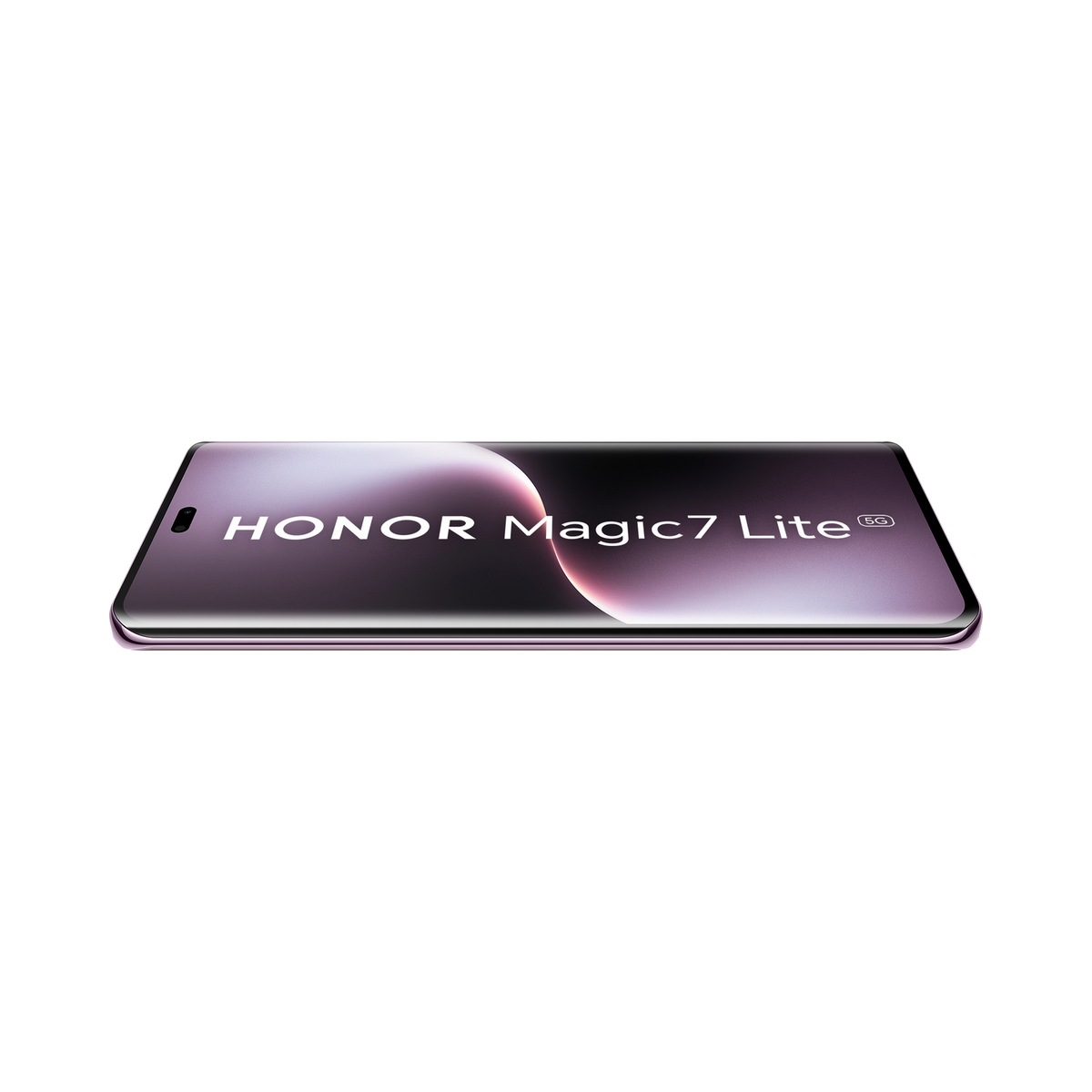 Elegancki czarny telefon z tekstem 'HONOR Magic7 Lite 5G' na ekranie. Czarne tło.