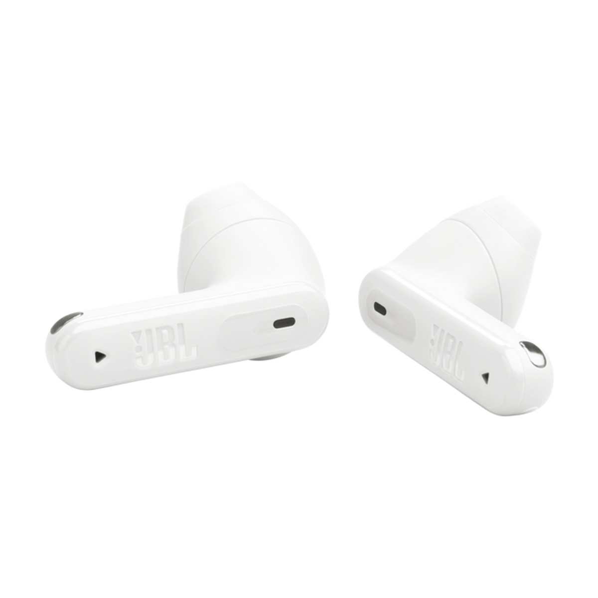 Auricolari bianchi con apertura nera e logo JBL su sfondo bianco.