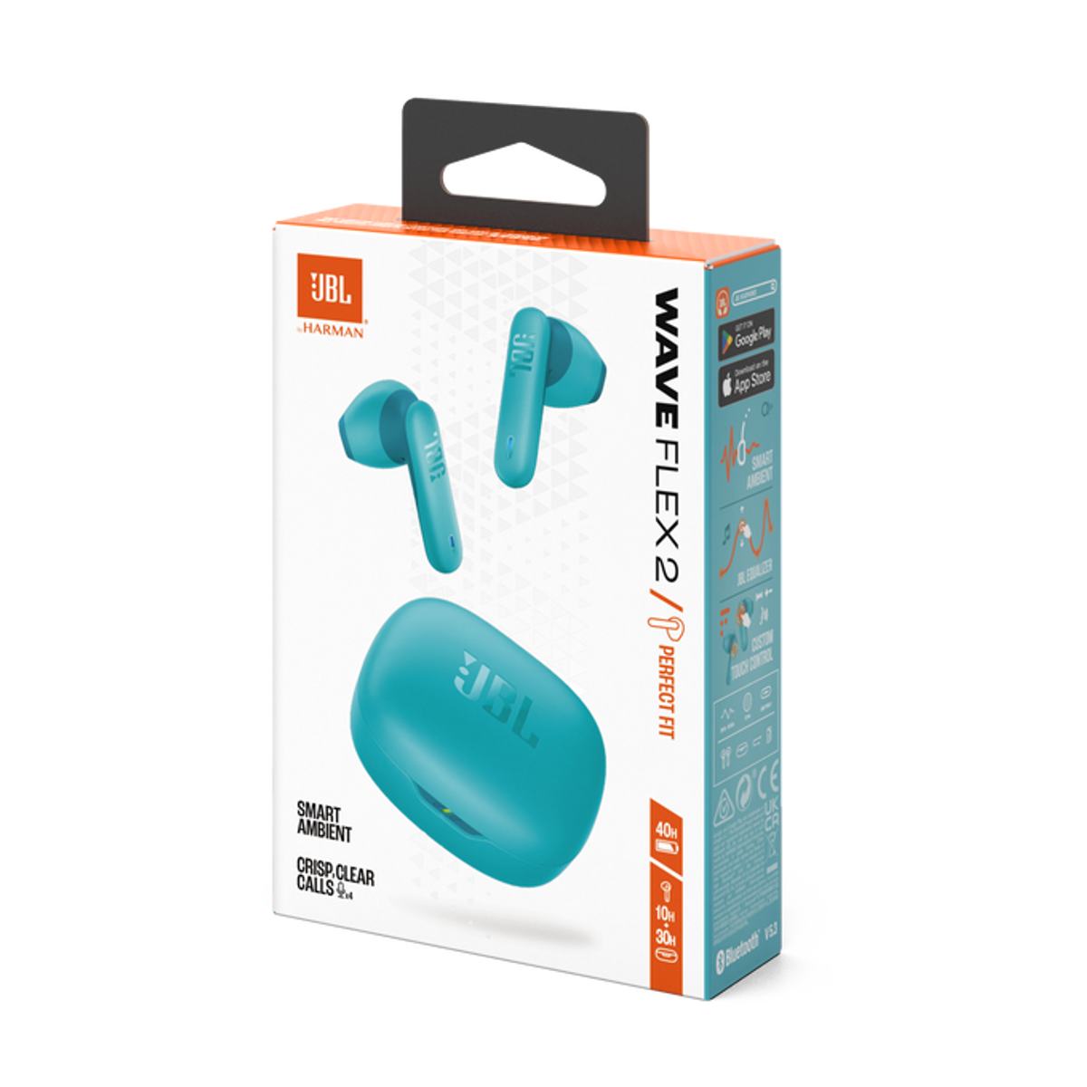 Doos met JBL Wave Flex 2 oortelefoons. De oortelefoons en de doos zijn turquoise.