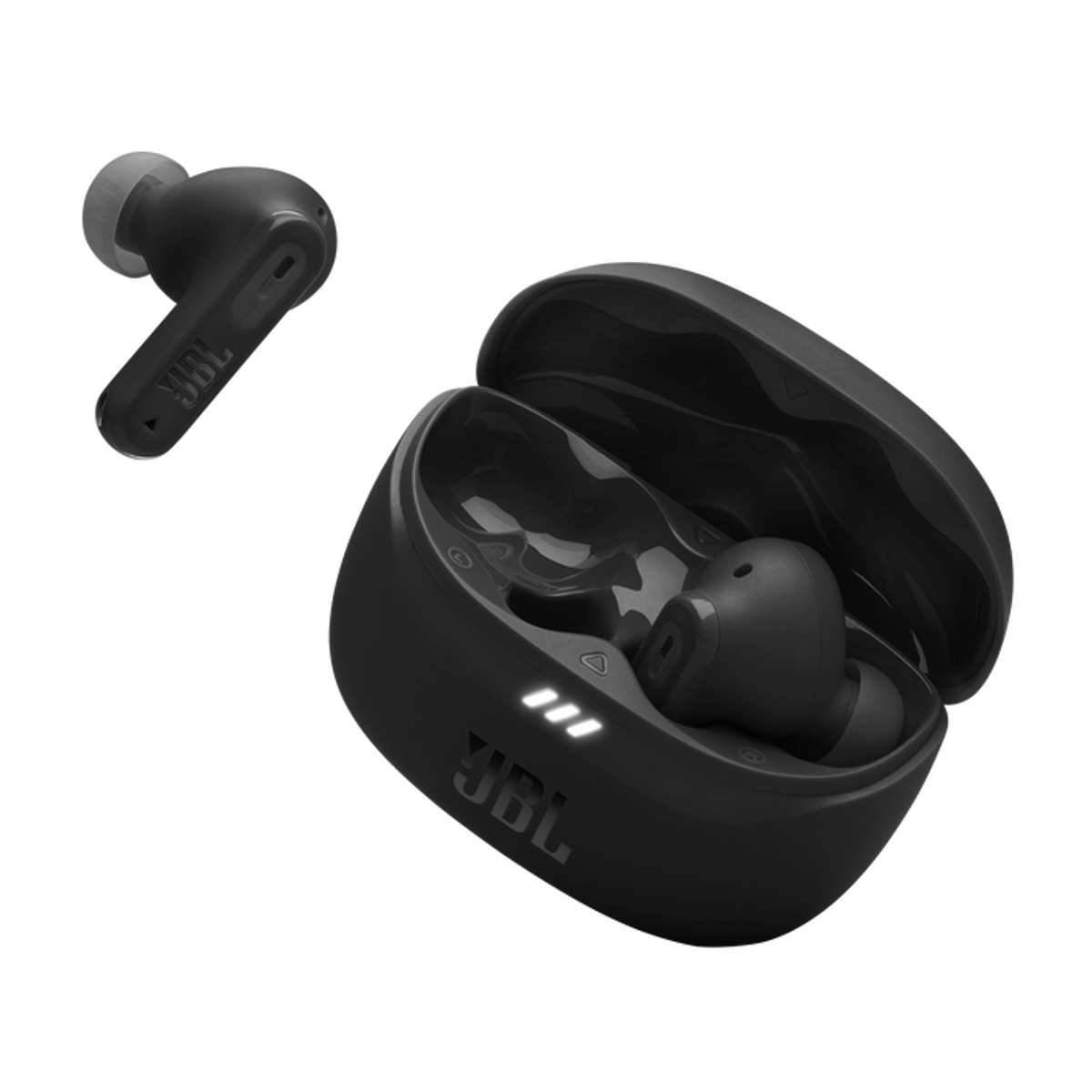 Schwarze JBL-Ohrhörer mit Ladecase, auf schwarzem Hintergrund, schräge Ansicht.