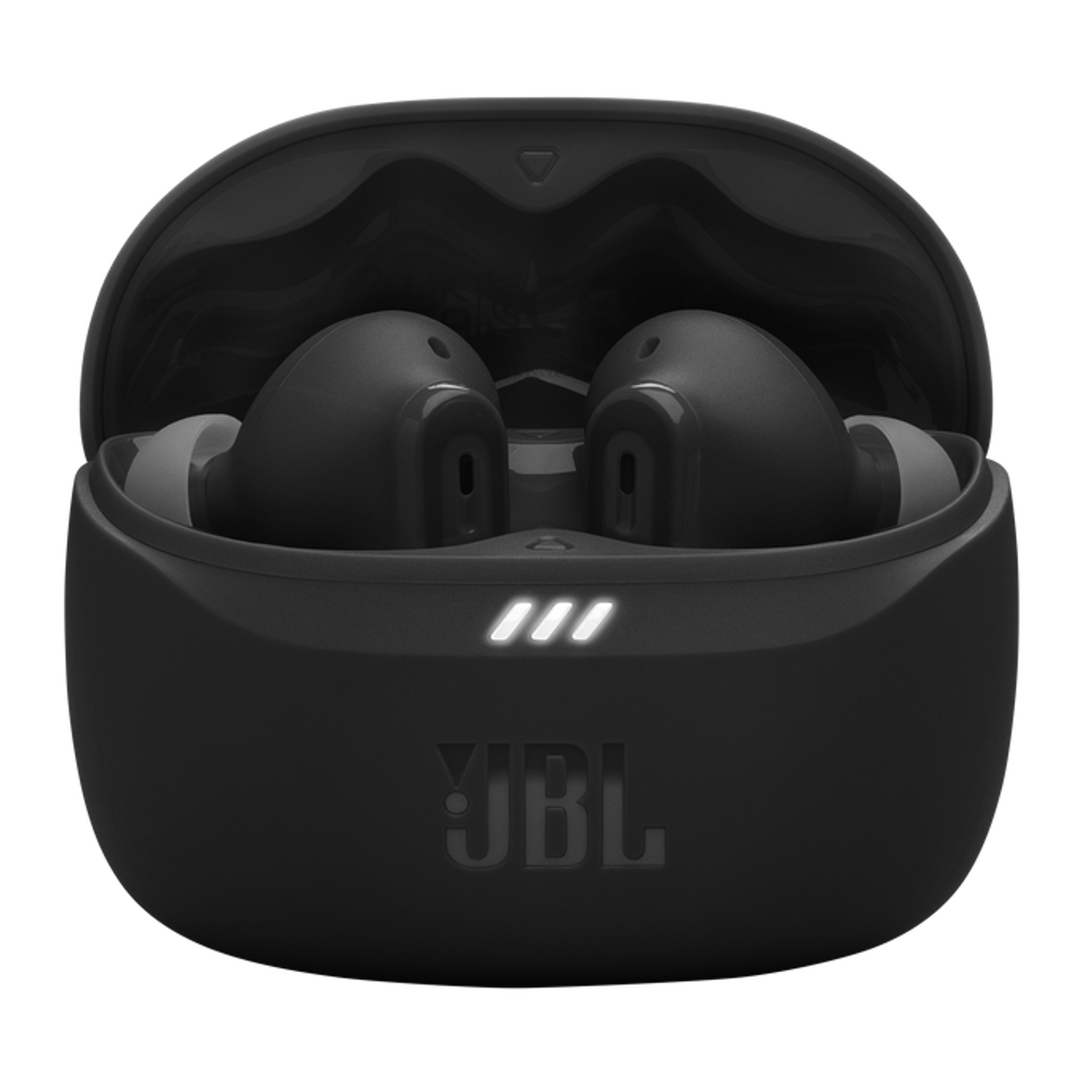 Schwarze JBL-Ohrhörer in einem Ladecase. Weiße Kontrollleuchten. Schwarzer Hintergrund.