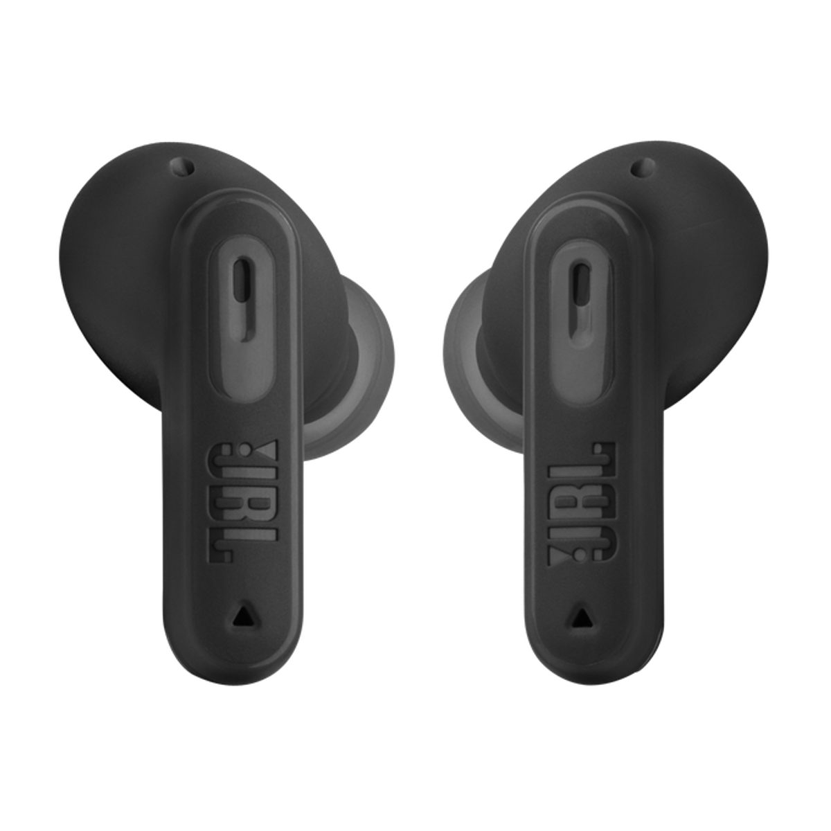 Zwei schwarze JBL-Ohrhörer auf schwarzem Hintergrund. Jeder hat das JBL-Logo.