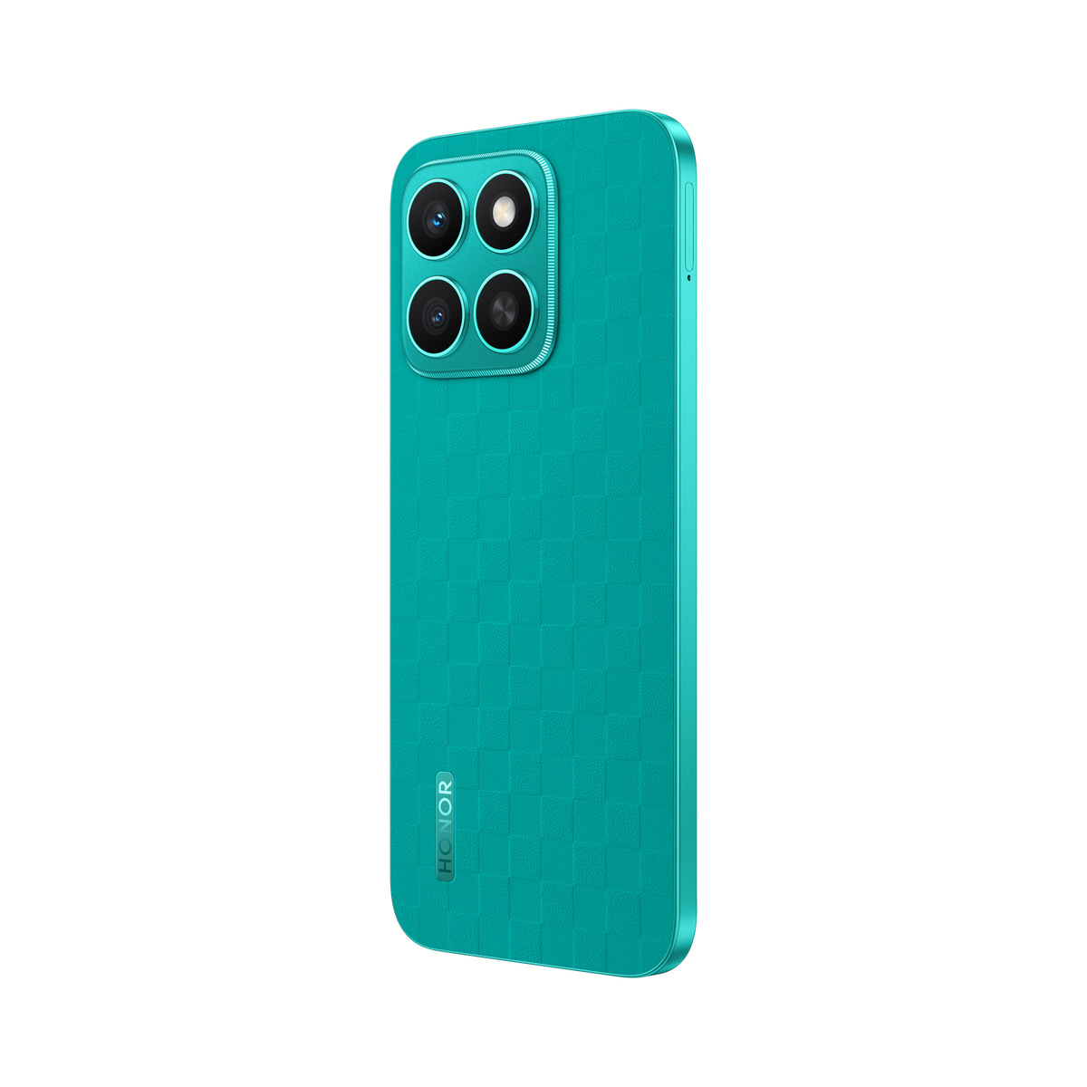 Turkusowy smartfon z czterema tylnymi aparatami. Telefon znajduje się na czarnym tle.