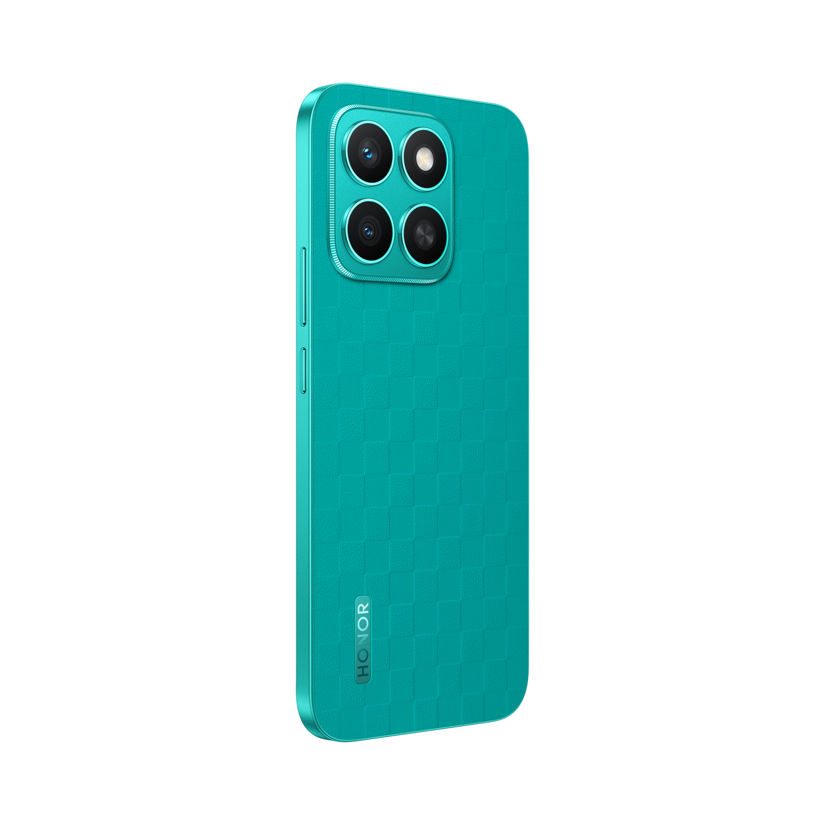 Turkusowy smartfon, cztery tylne aparaty, czarne tło. Marka Honor z tyłu.