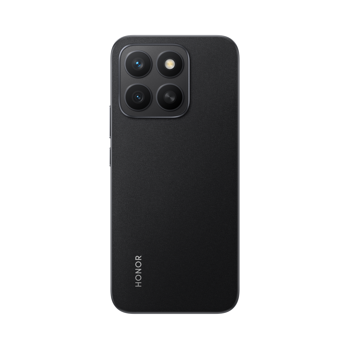 Czarny smartfon HONOR z czterema tylnymi aparatami i logo HONOR na czarnej powierzchni.