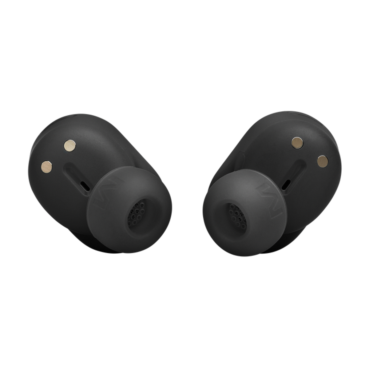 Auricolari JBL neri. Vista ravvicinata su sfondo nero.