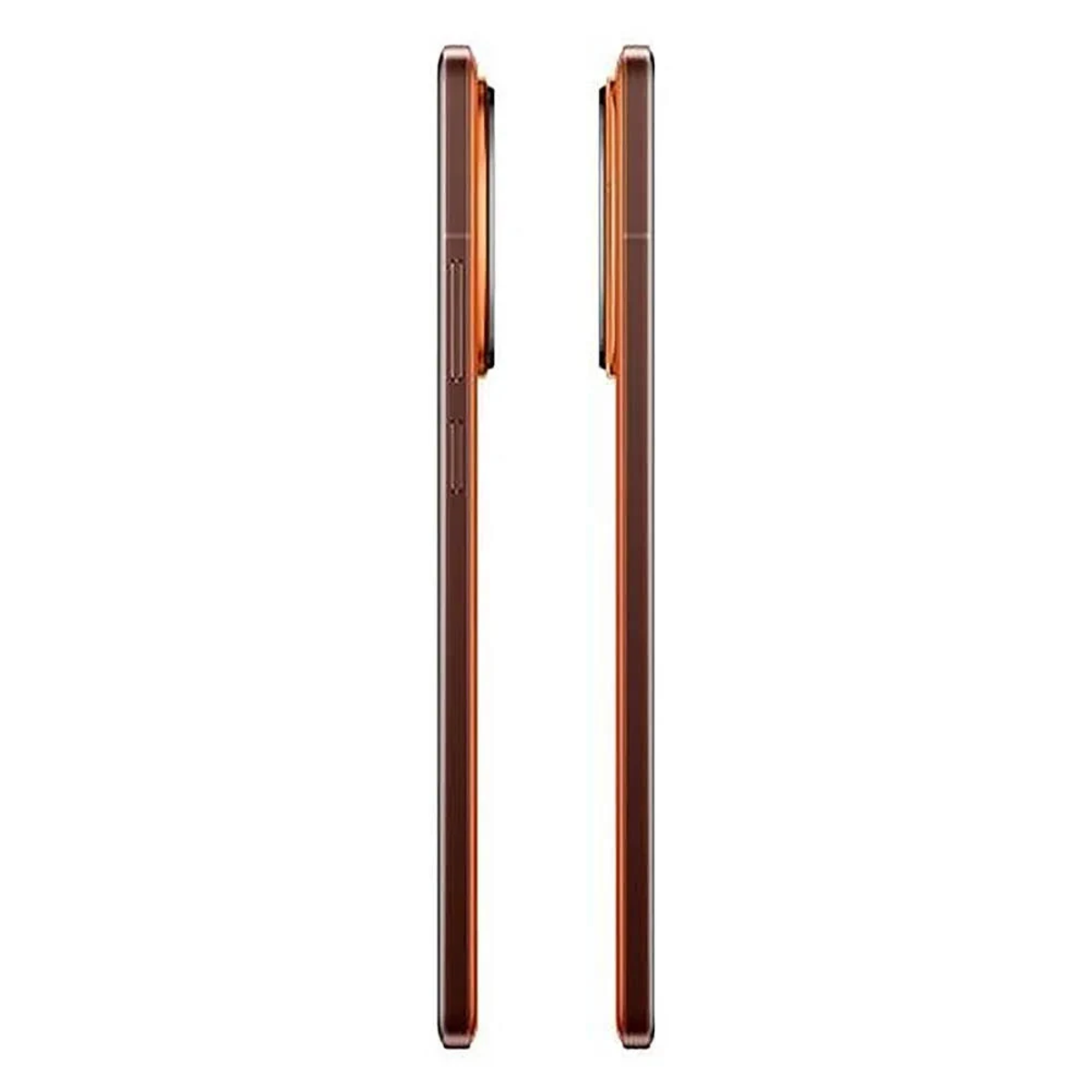 Deux téléphones, vue latérale, couleur marron, fond blanc.
