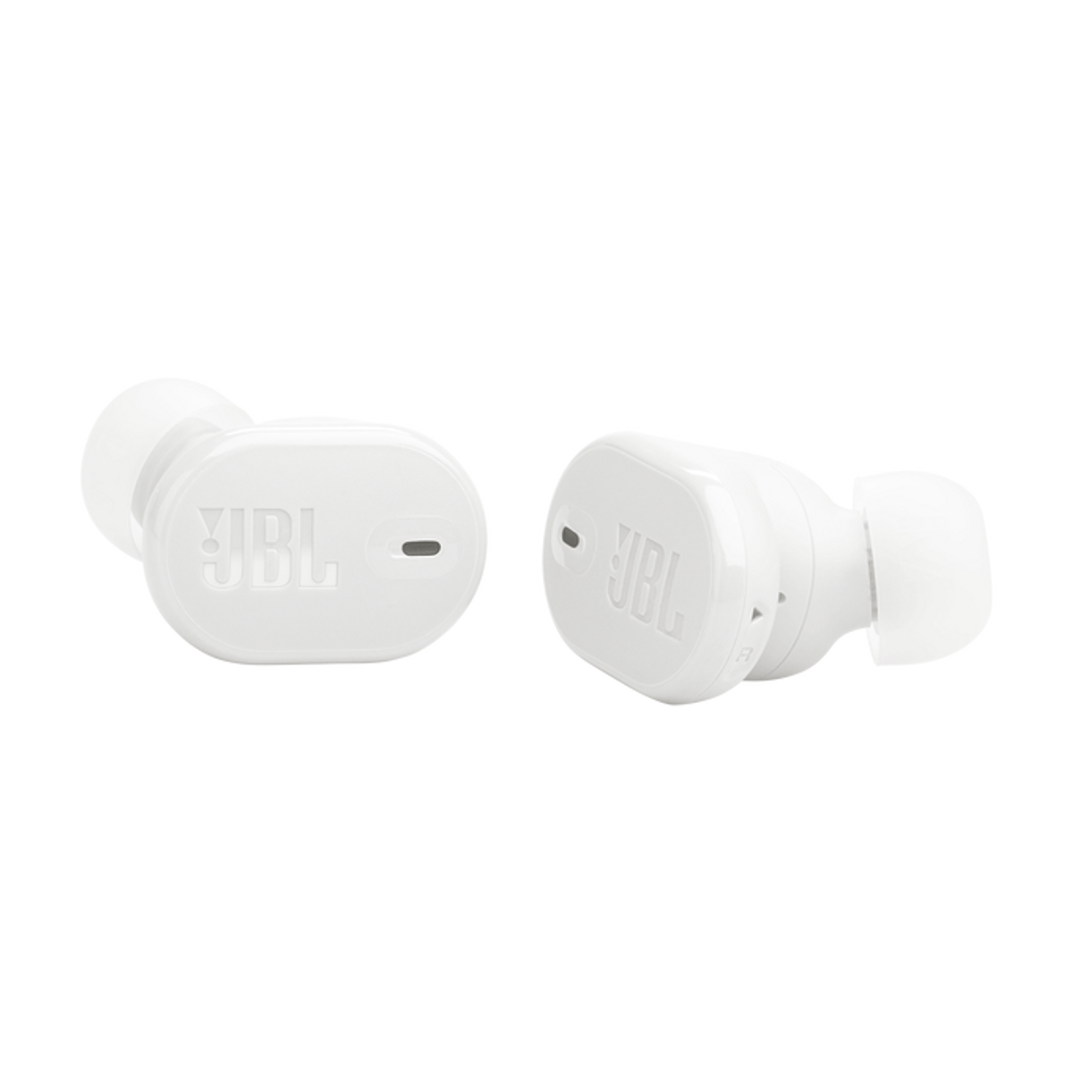 Due auricolari JBL bianche sono mostrate su uno sfondo bianco. Il logo JBL è visibile.