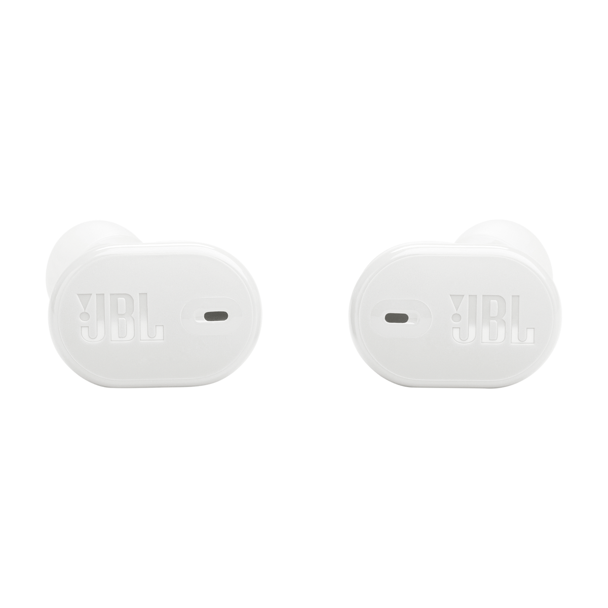 Due auricolari JBL bianche su sfondo nero. Il logo JBL è visibile.