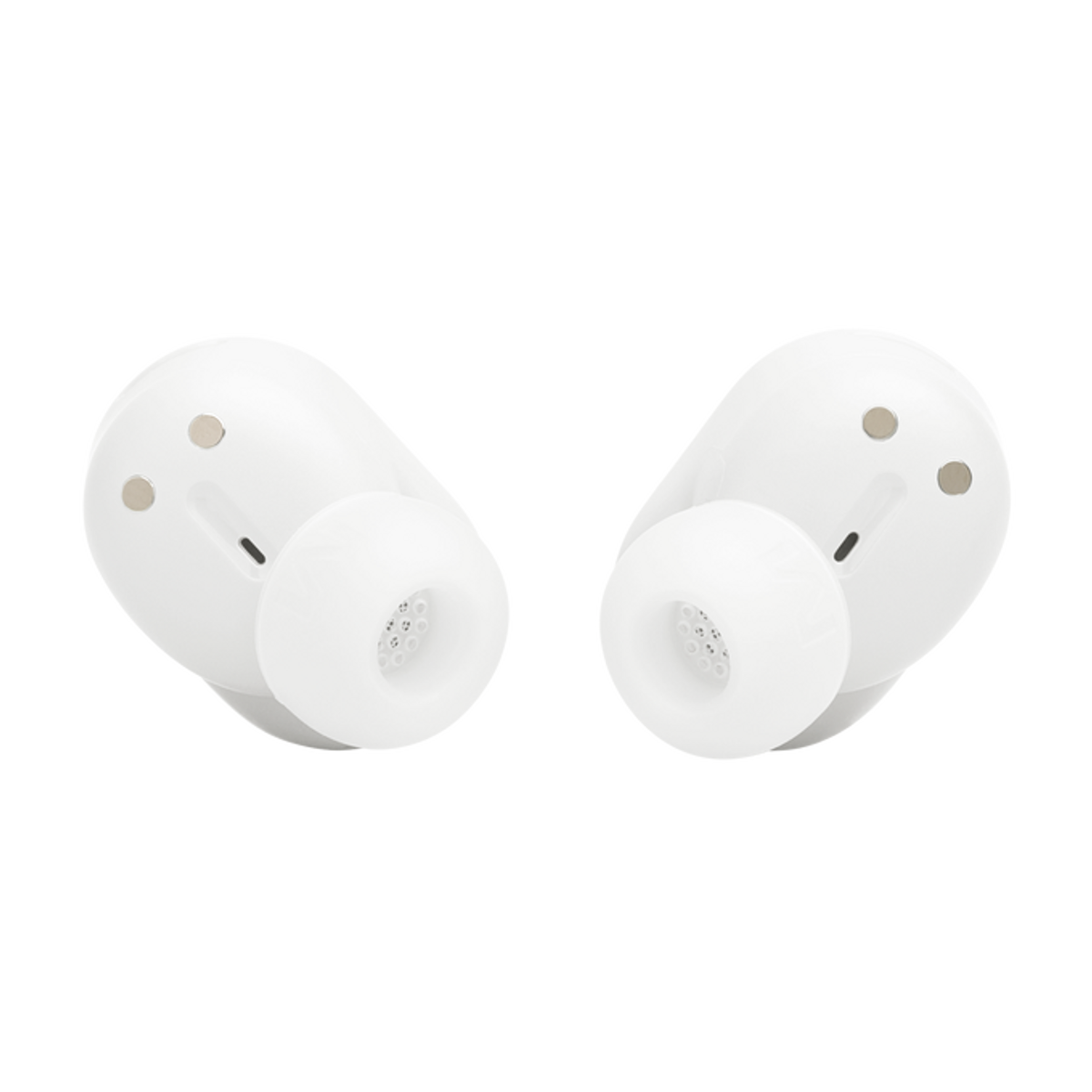 Due auricolari bianchi. Ogni auricolare ha una punta arrotondata e una piccola griglia circolare per l'altoparlante.