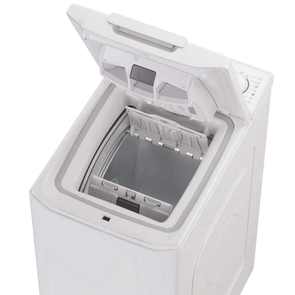 Biała pralka ładowana od góry, otwarta pokrywa. Białe tło.